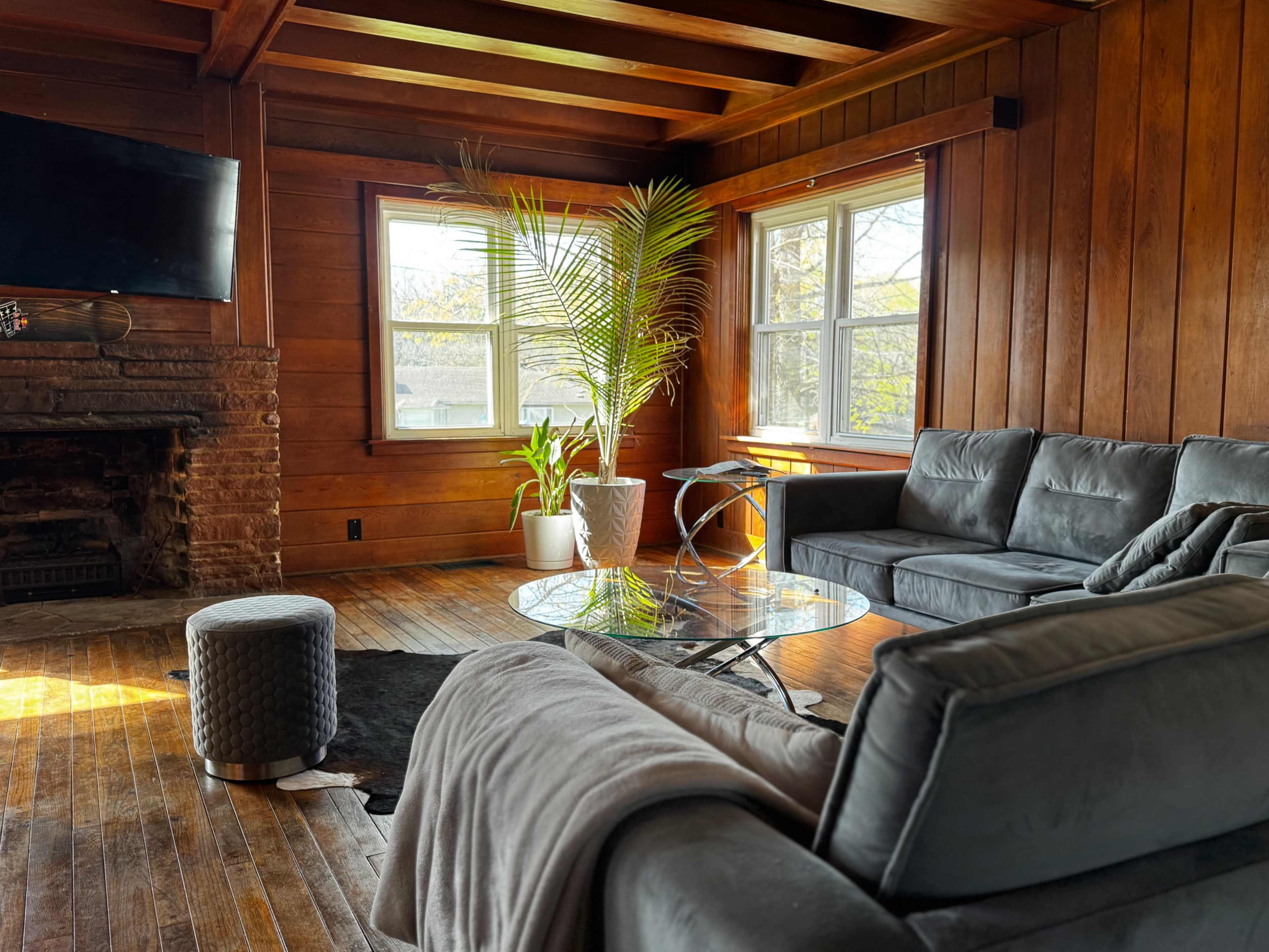 The image shows a cozy living room with wooden walls, large windows, a plant in a pot, a glass coffee table, and a gray sofa.