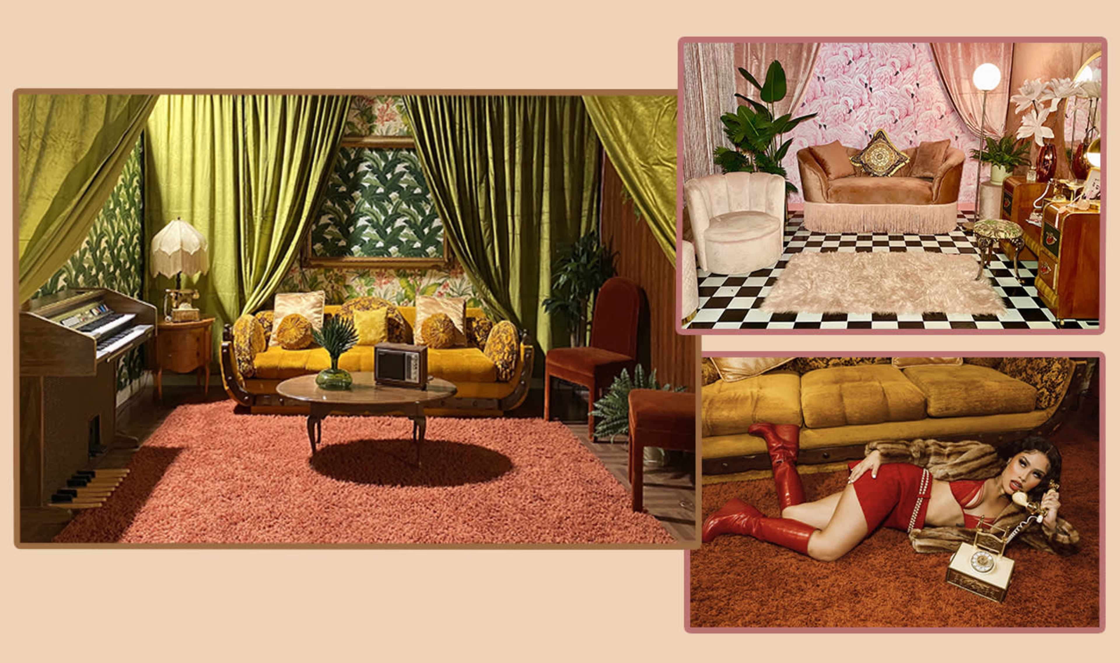 A retro-styled living room with a mix of vibrant colors, vintage furniture, and decorative plants, complemented by an adjacent scene featuring a woman lounging on a couch.