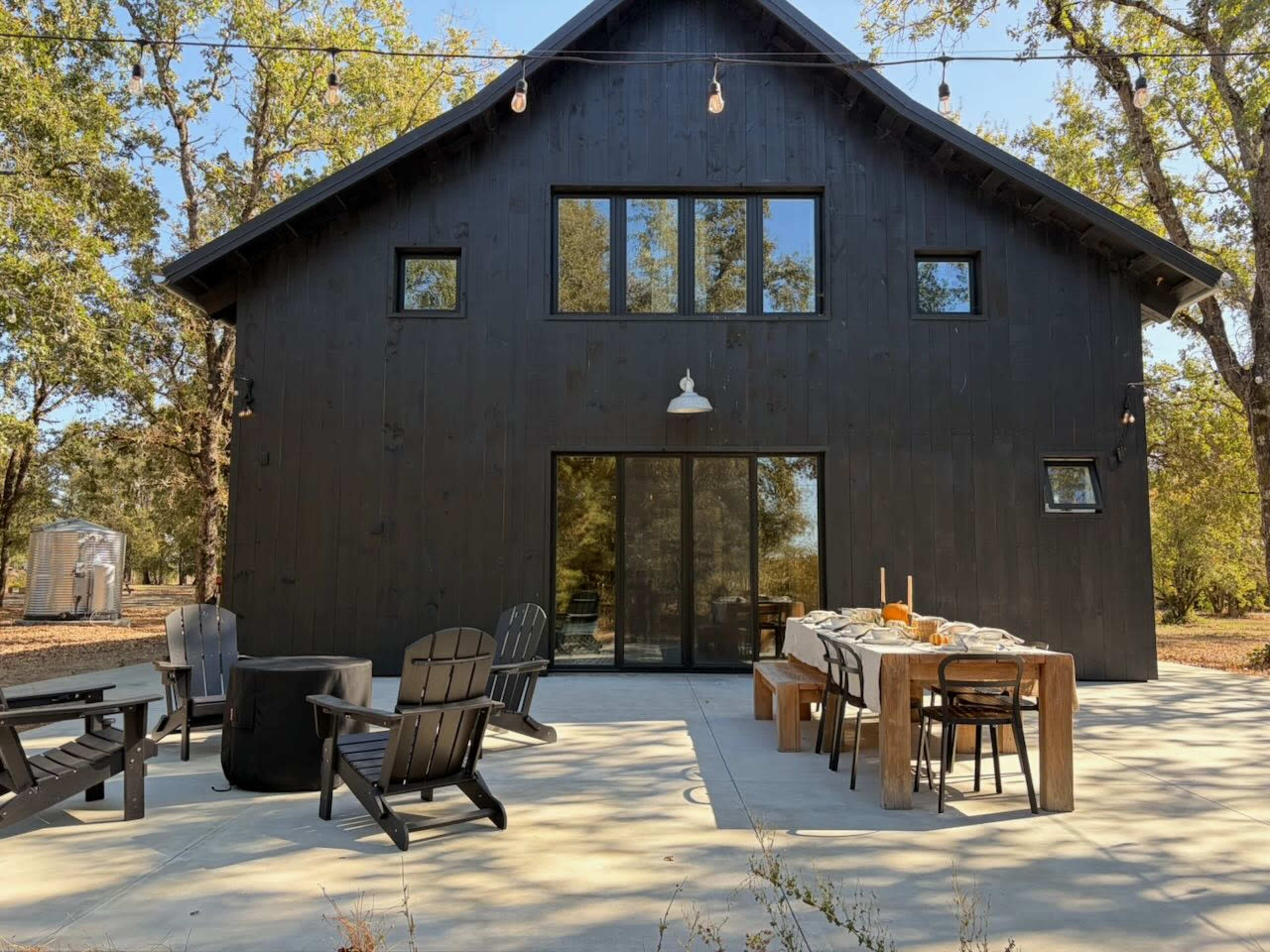 A modern black wooden house features large windows and a spacious patio with seating and a dining table surrounded by trees.