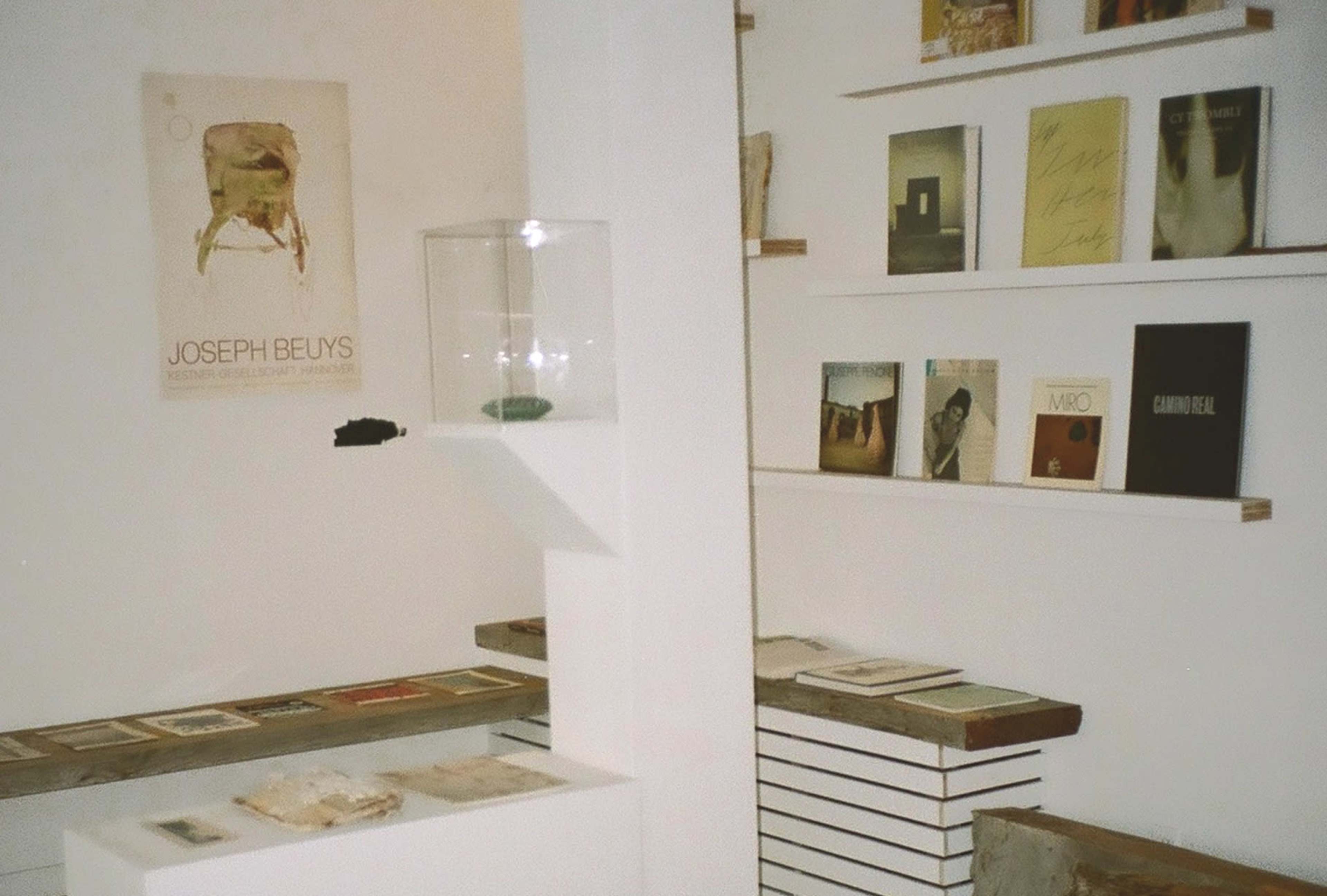 The image shows a minimalist exhibition space featuring bookshelves with various art books and a display case on a white wall.