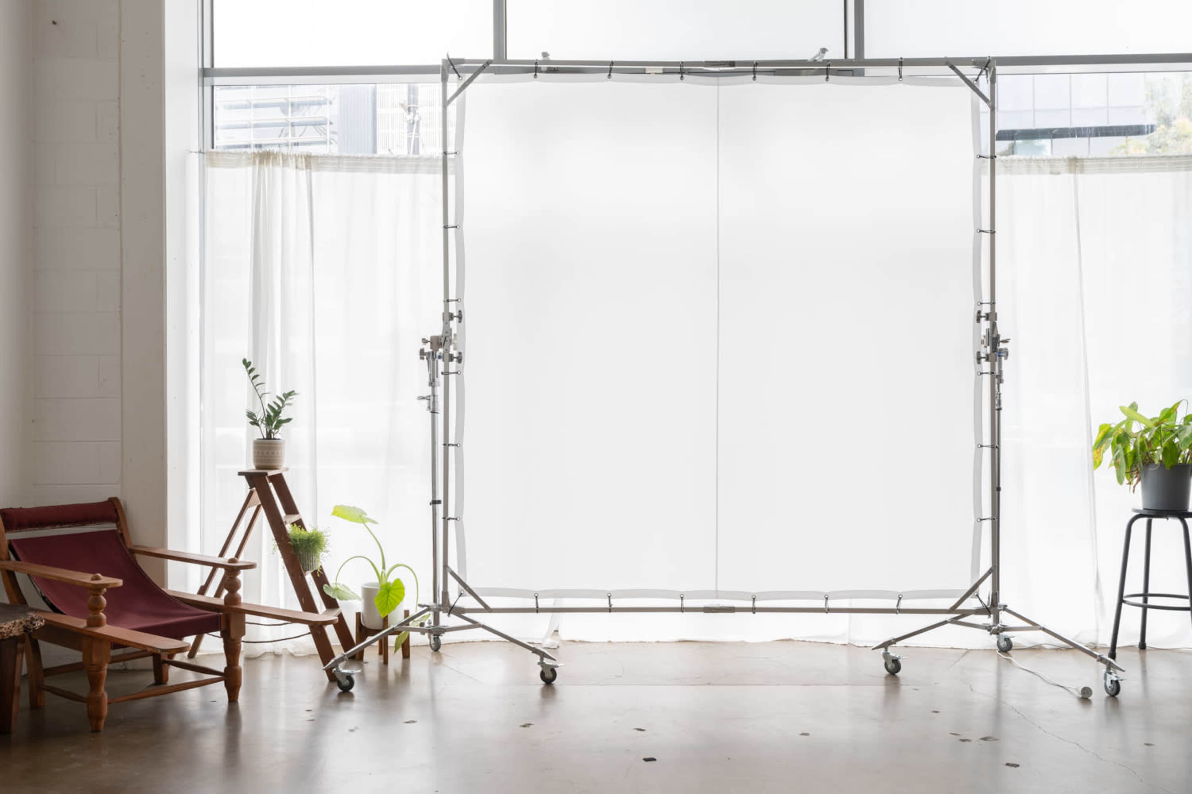 A metal frame with a white backdrop is positioned in a bright room beside potted plants and wooden furniture.