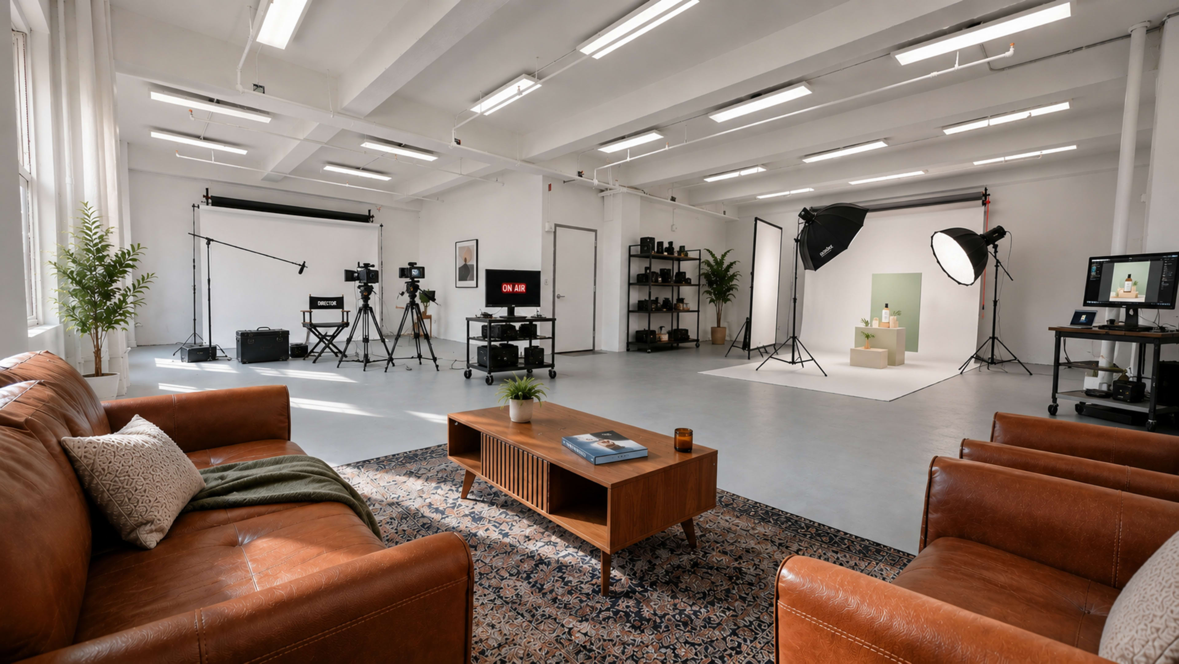 The image shows a spacious photography studio featuring a seating area with brown leather couches, a coffee table, and various photographic equipment set up in the background.