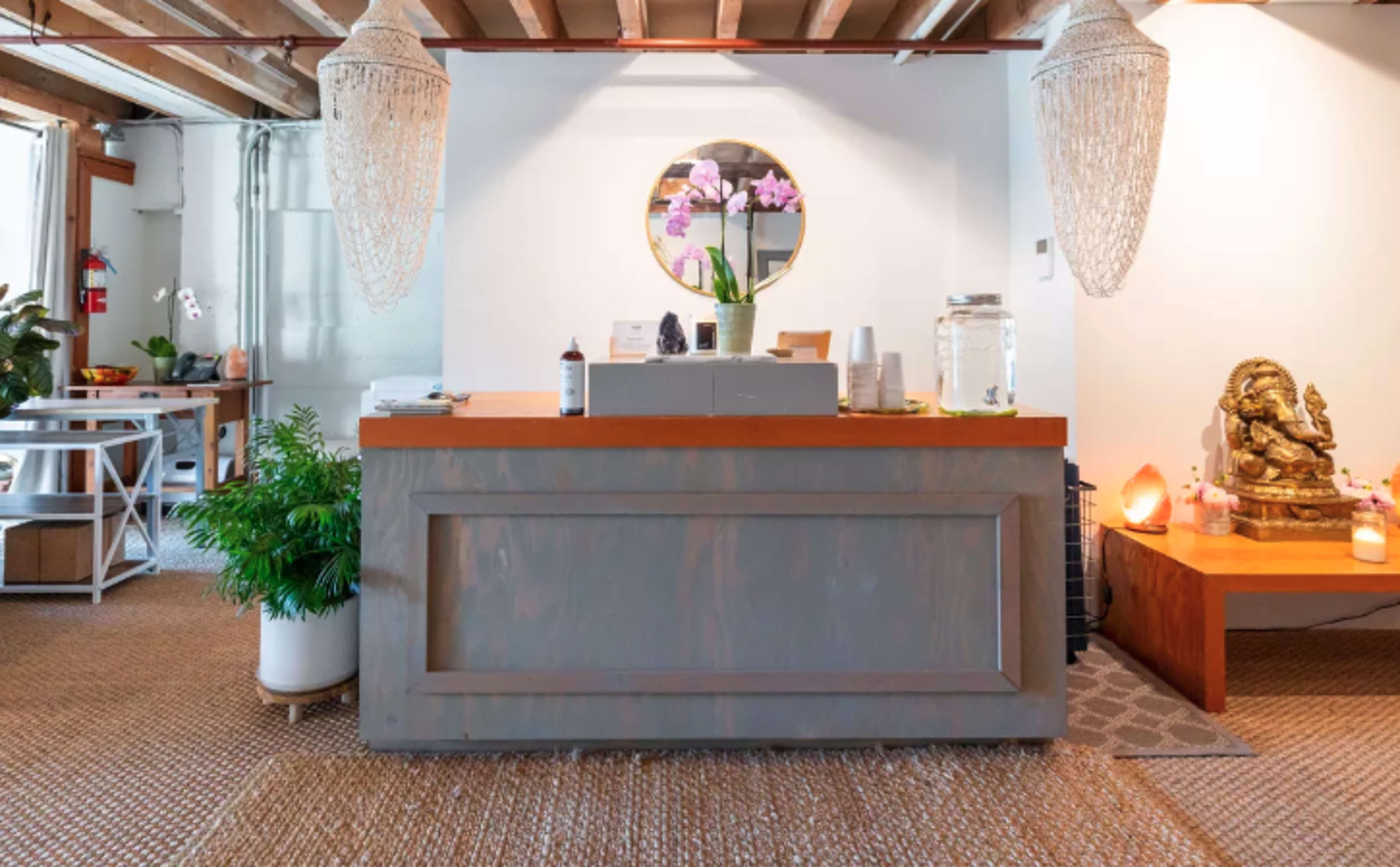 The image features a reception area with a wooden front desk, a circular mirror above it, and decorative plants, set in a bright and airy space.