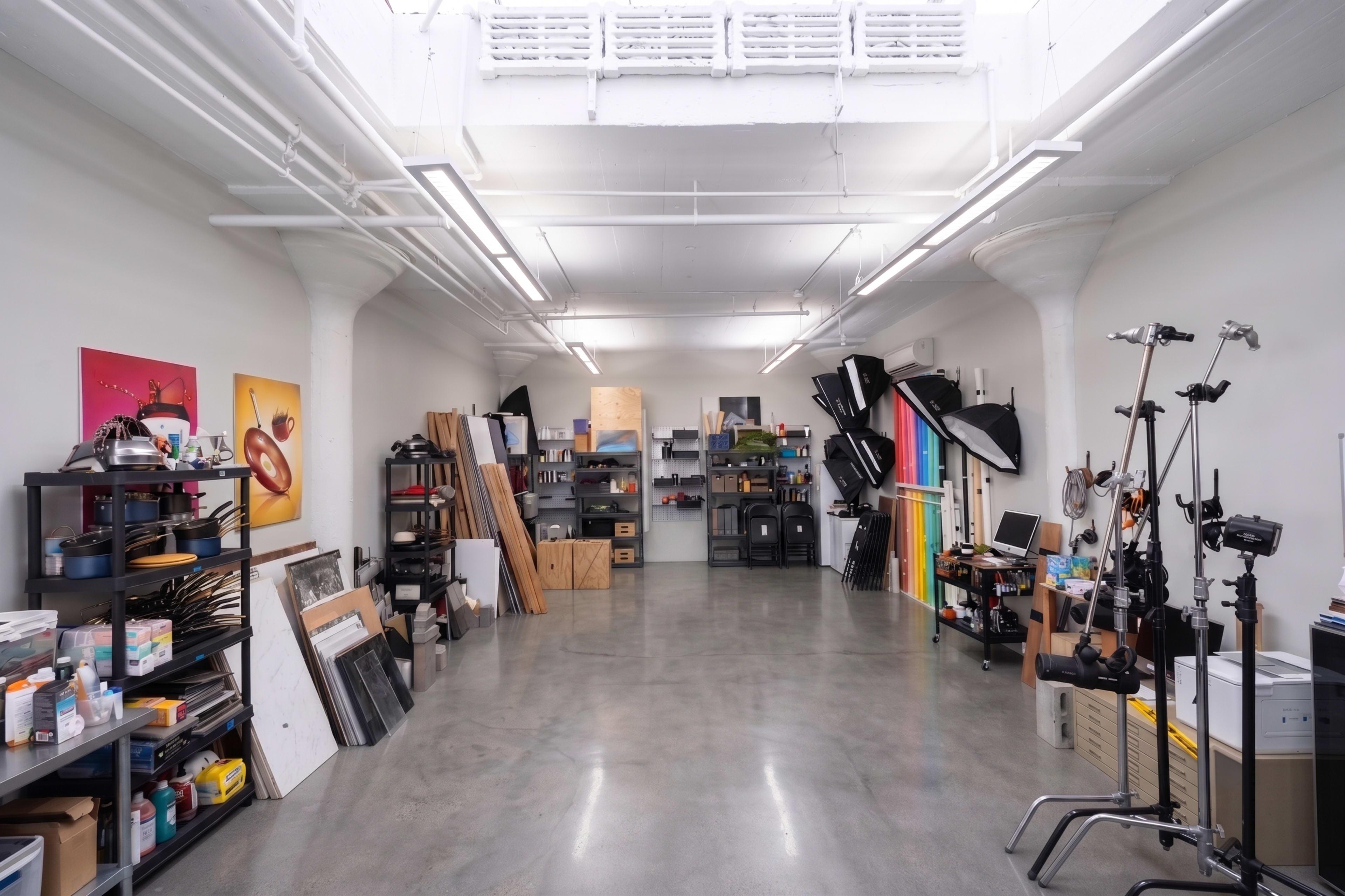 The image shows a spacious studio with various equipment and materials organized on shelves along the walls and a large open area in the center.