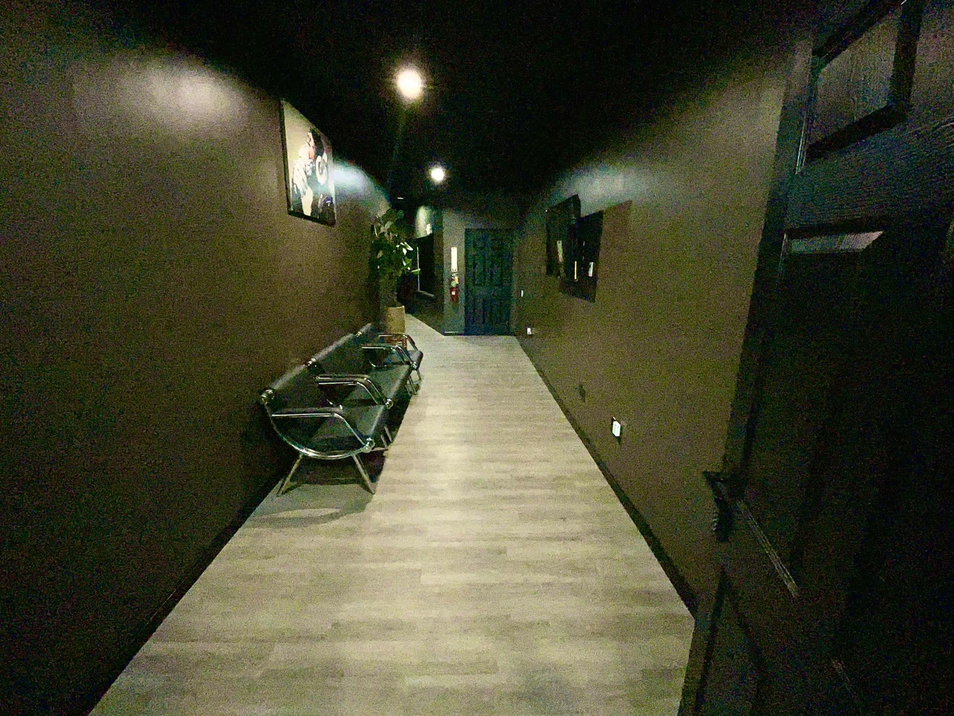 A dimly lit hallway features a row of chairs along one side and a potted plant, with dark walls and a blue door at the end.