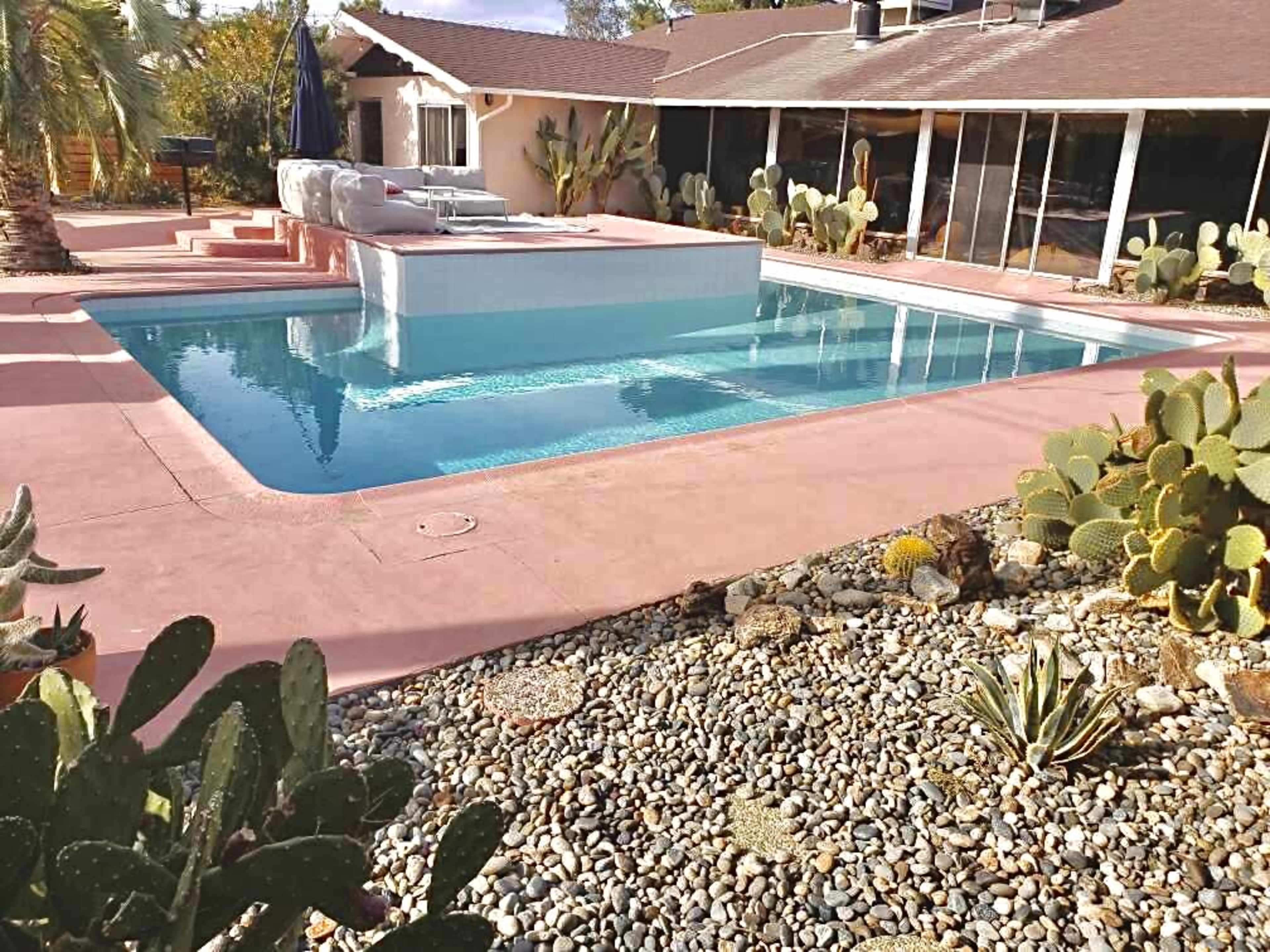 A swimming pool surrounded by a patio, featuring desert plants and a house with a large glass wall in a sunny outdoor setting.