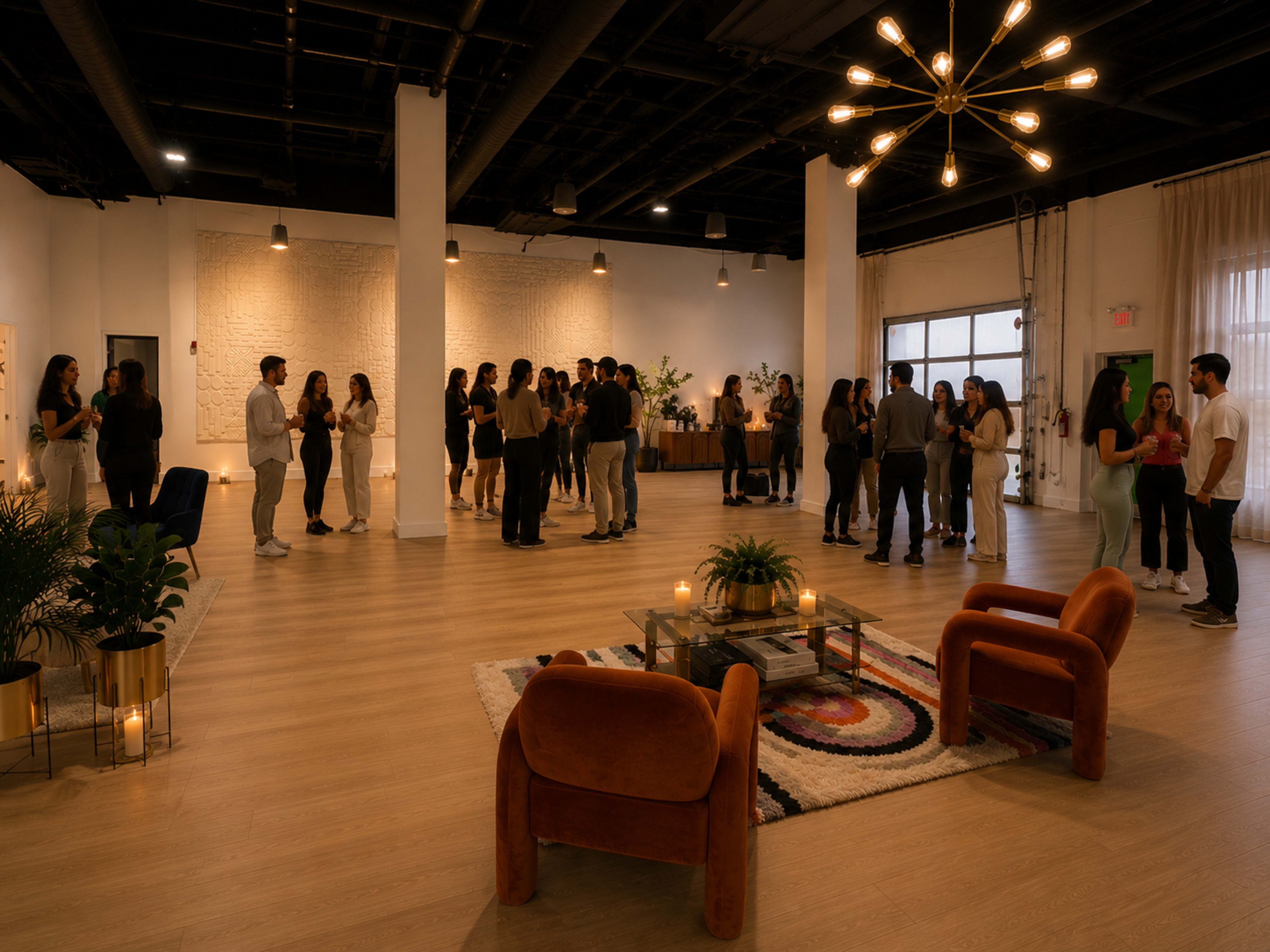 A group of people are engaged in conversation inside a spacious, well-lit event venue featuring modern decor and a large area rug.