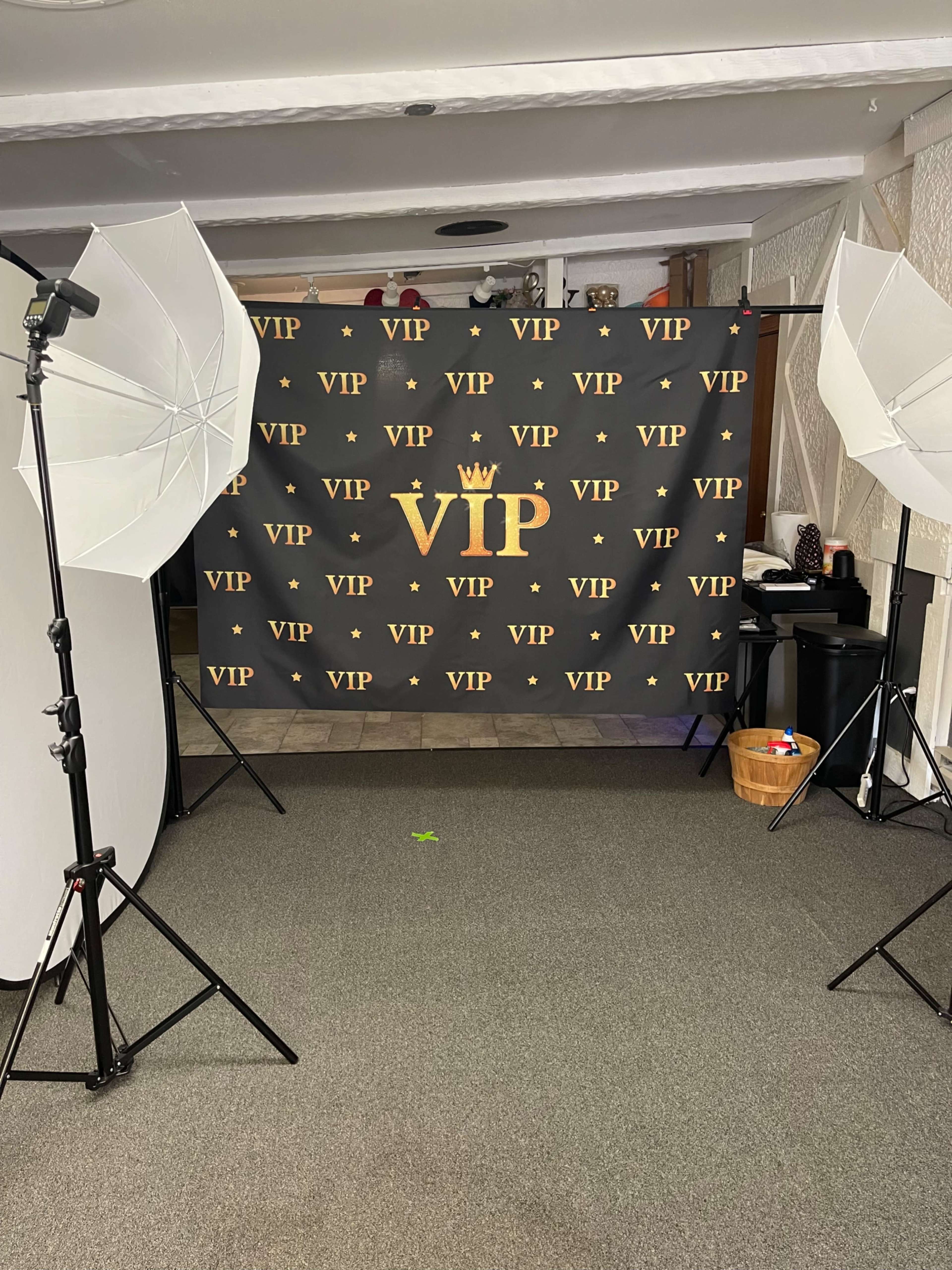 The image shows a photography setup featuring a black backdrop with "VIP" printed in gold, flanked by two large softbox lights on stands.