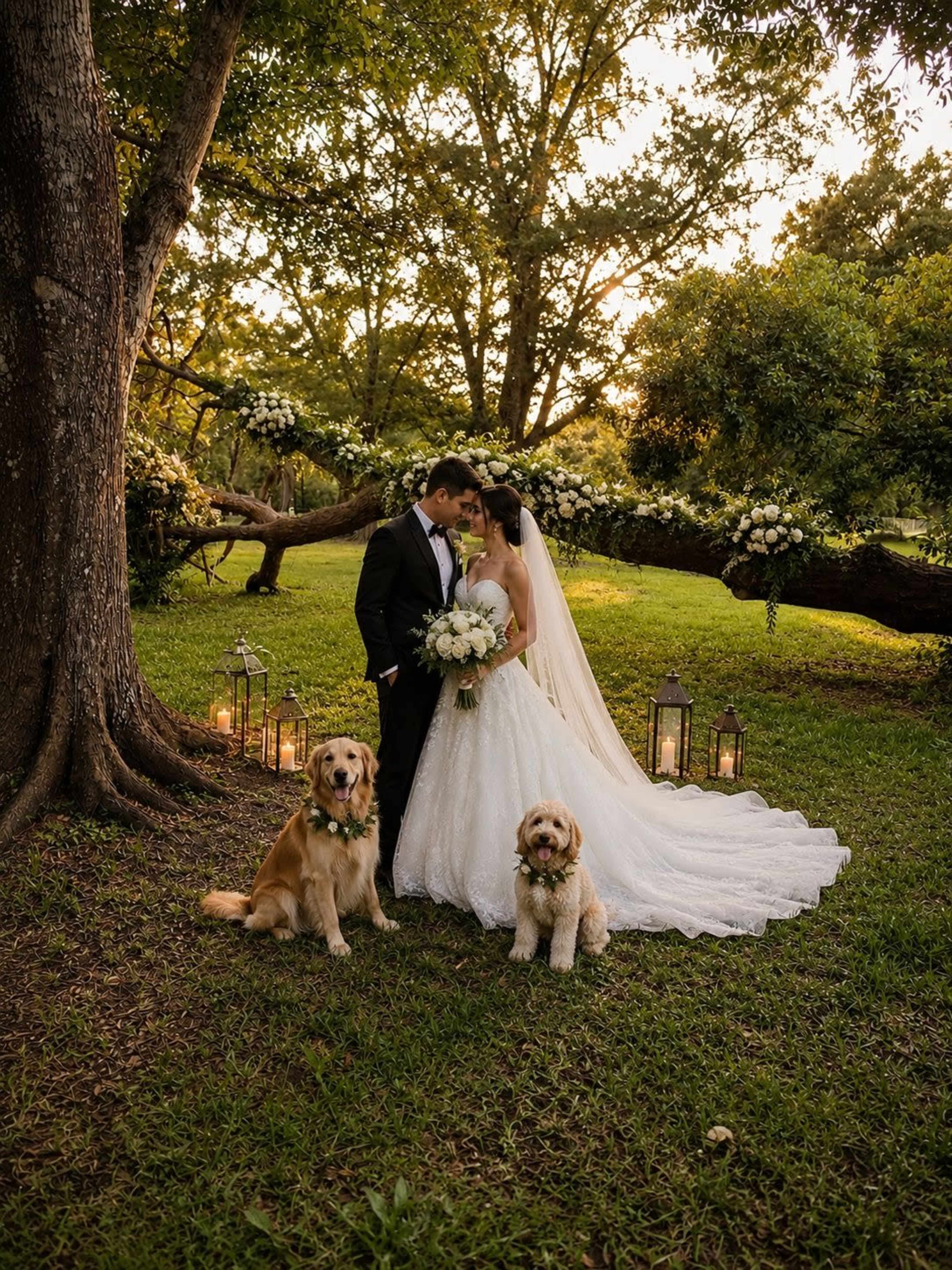 A couple in formal attire stands close together under a tree, surrounded by lanterns and two golden retrievers wearing floral collars.