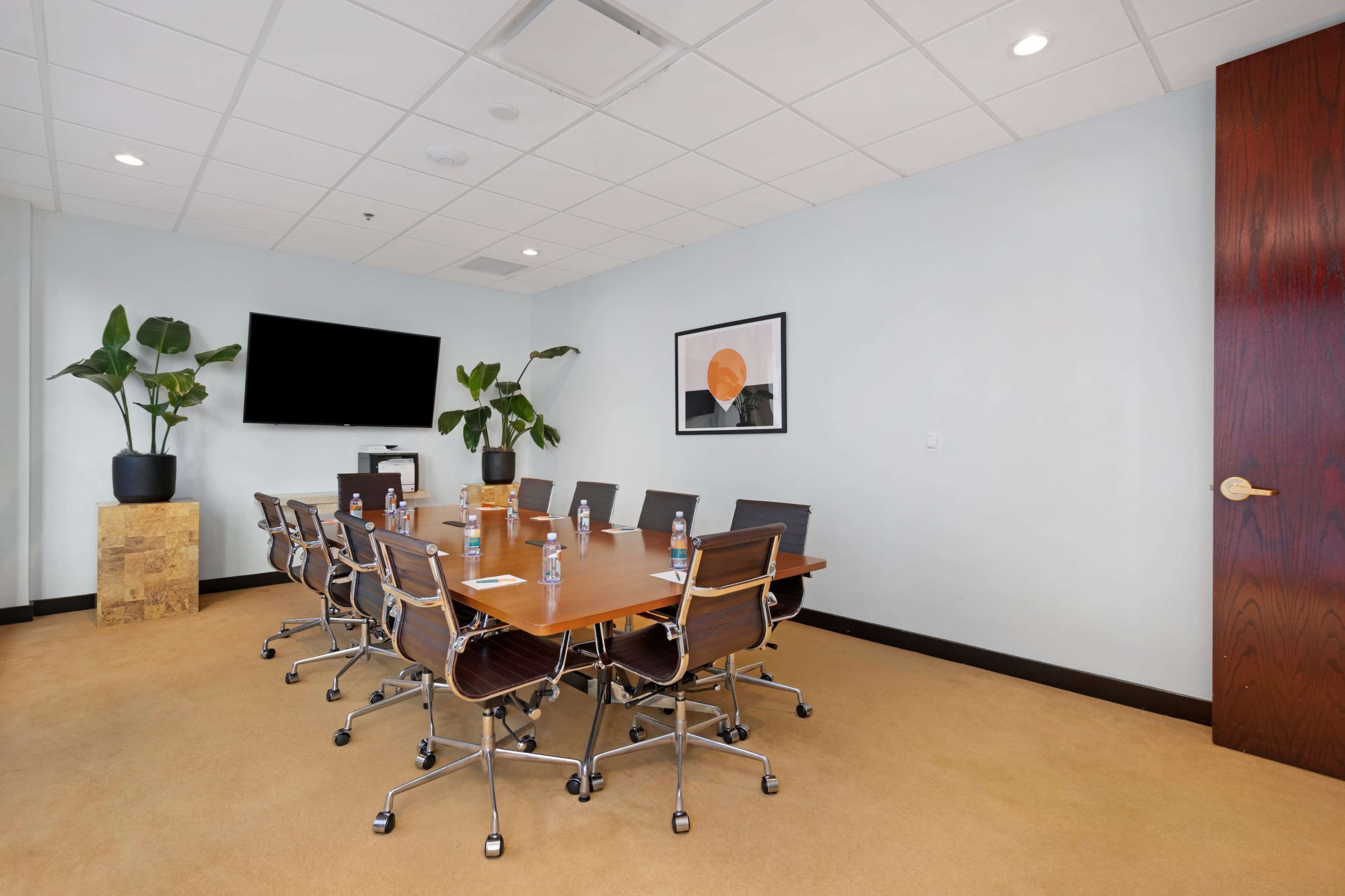 A conference room features a long wooden table surrounded by modern chairs, with a large television on the wall and a potted plant in the corner.