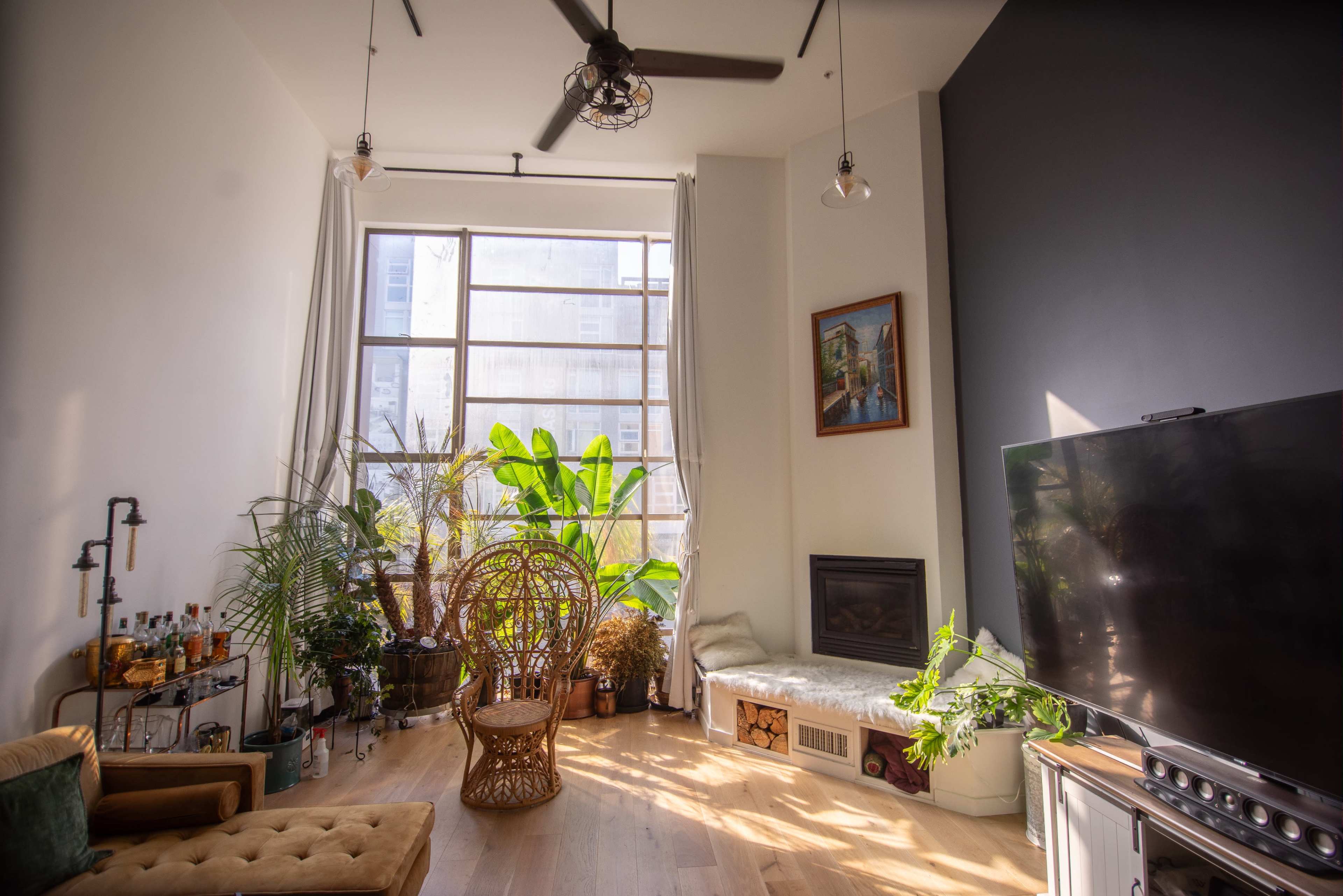 A bright living room features a large window, a comfortable chair, and various plants, creating a cozy atmosphere.