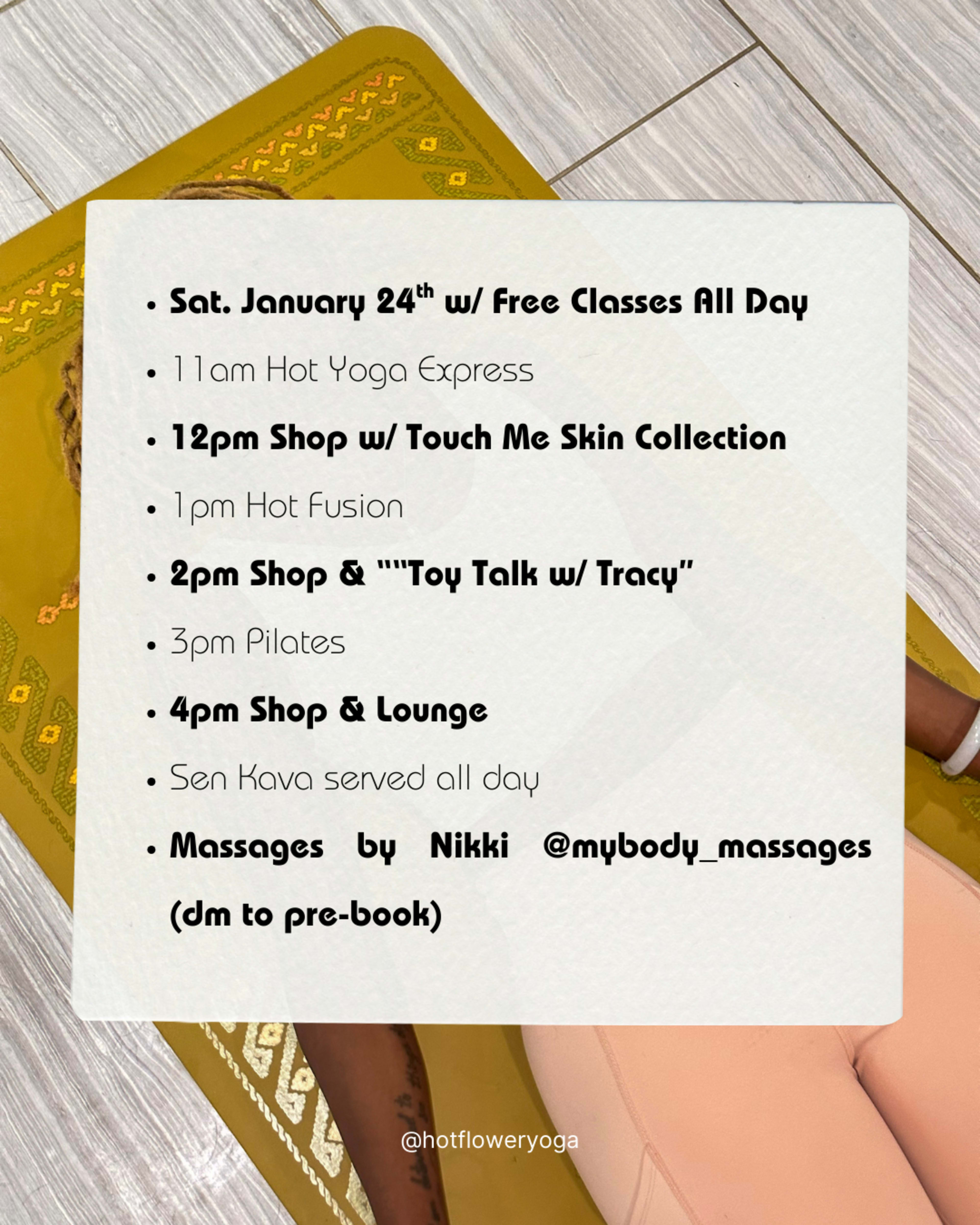 A schedule for a yoga event on January 24th including free classes, shopping opportunities, and massages.