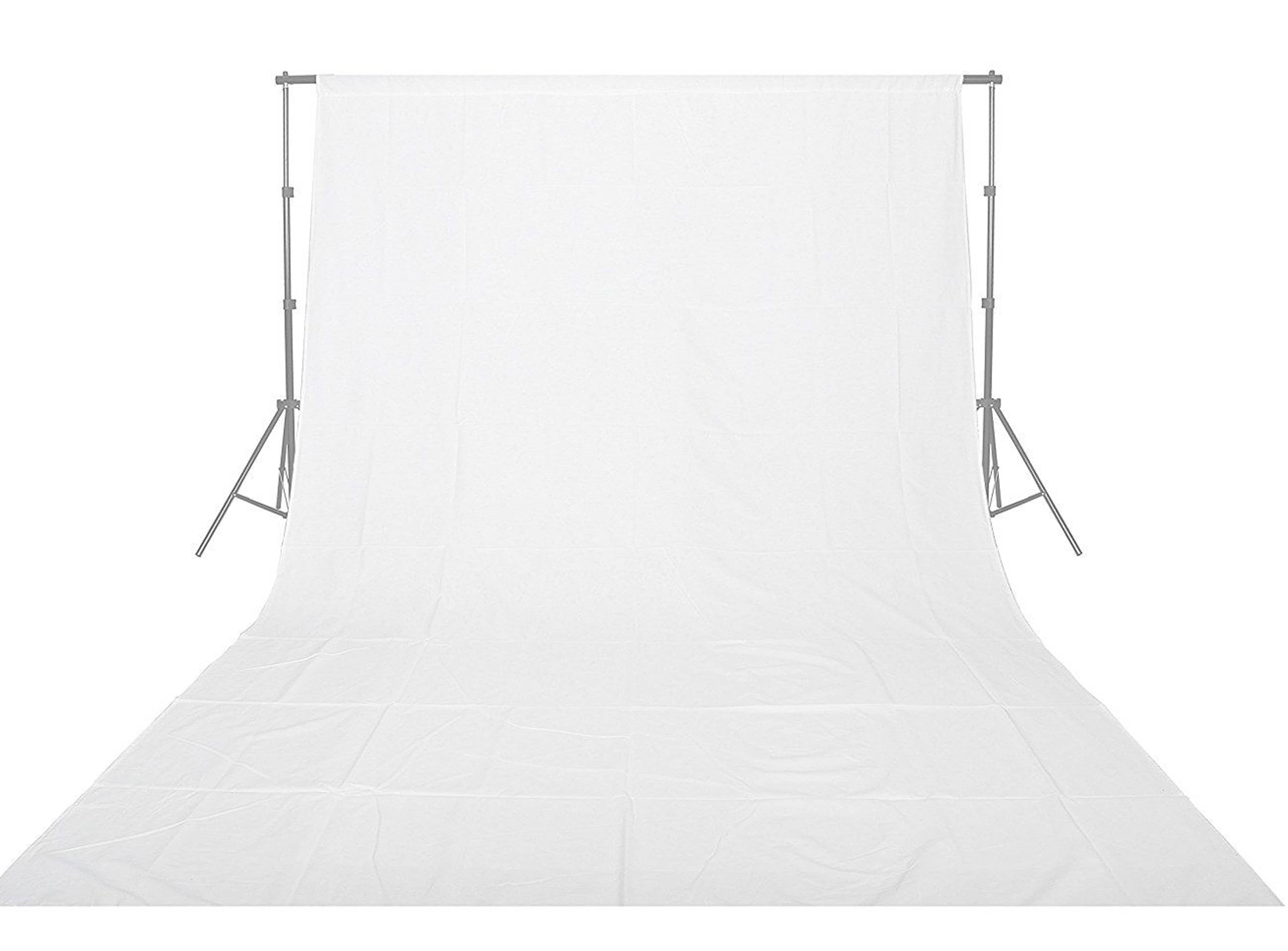 A large white backdrop set up on a support stand, extending from the floor to the upper frame.
