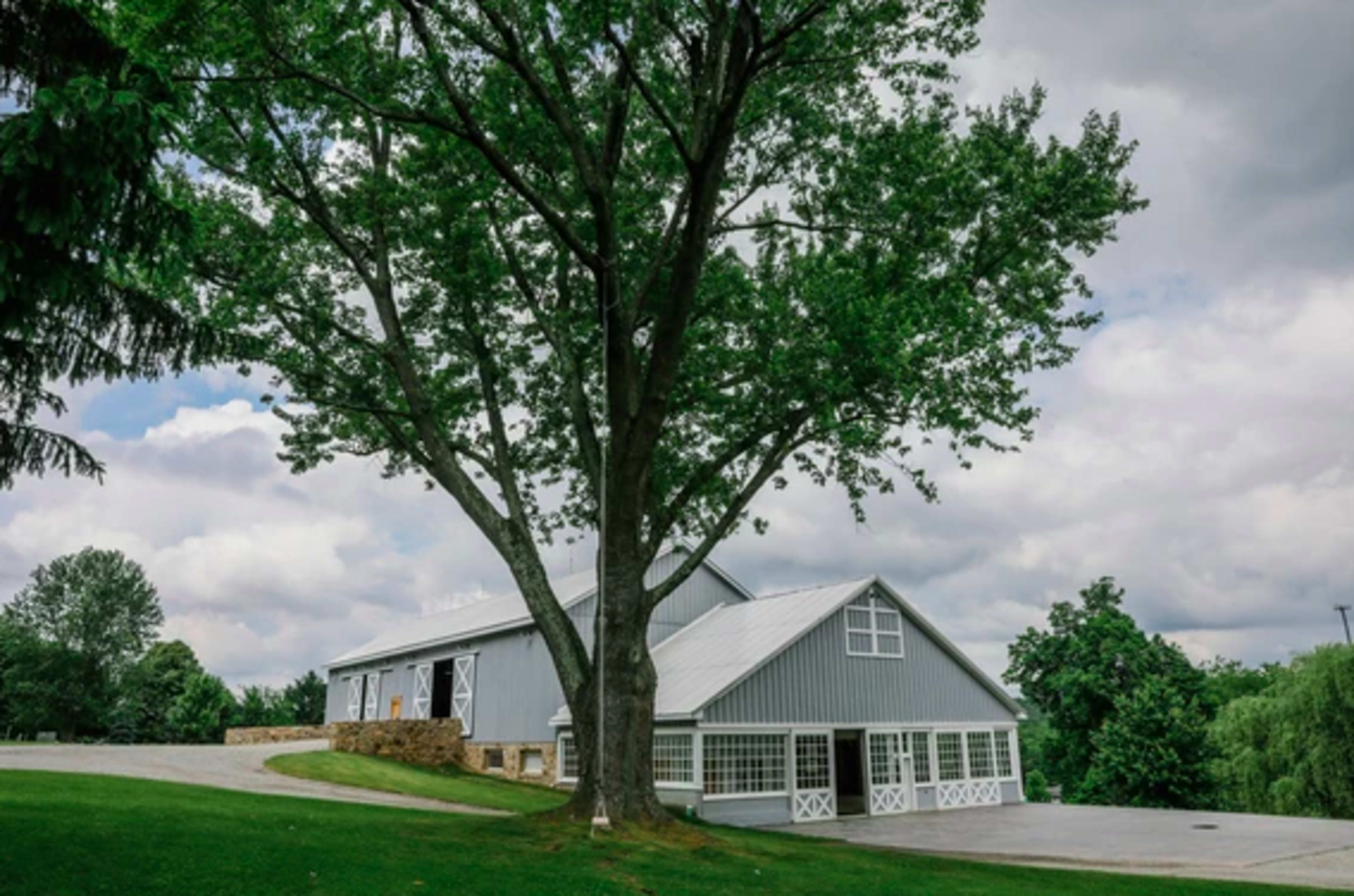 A large gray barn with a sloped roof is situated beside a sprawling tree on a grassy area under a cloudy sky.