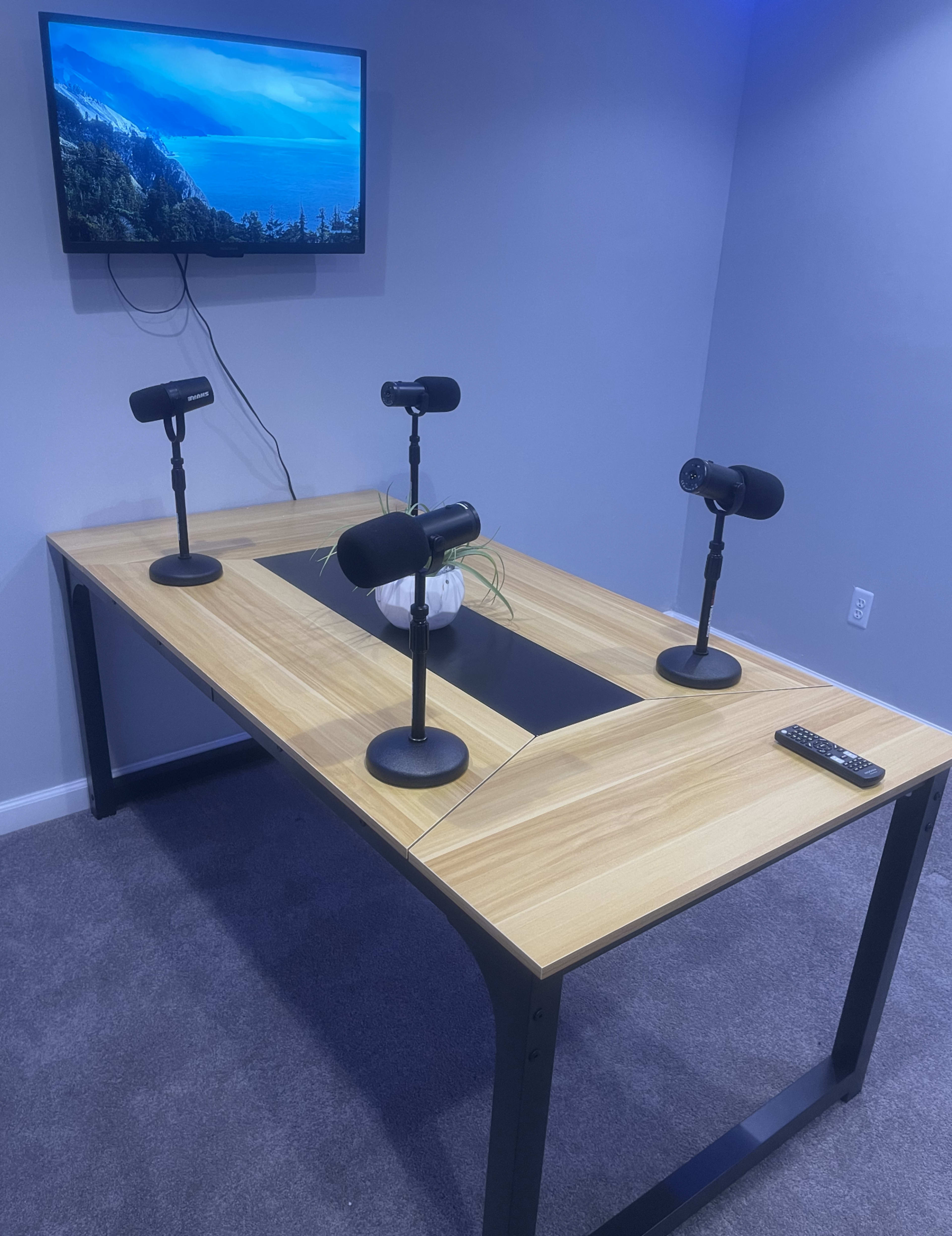 A modern table with four microphones and a plant centerpiece sits in front of a wall-mounted television.