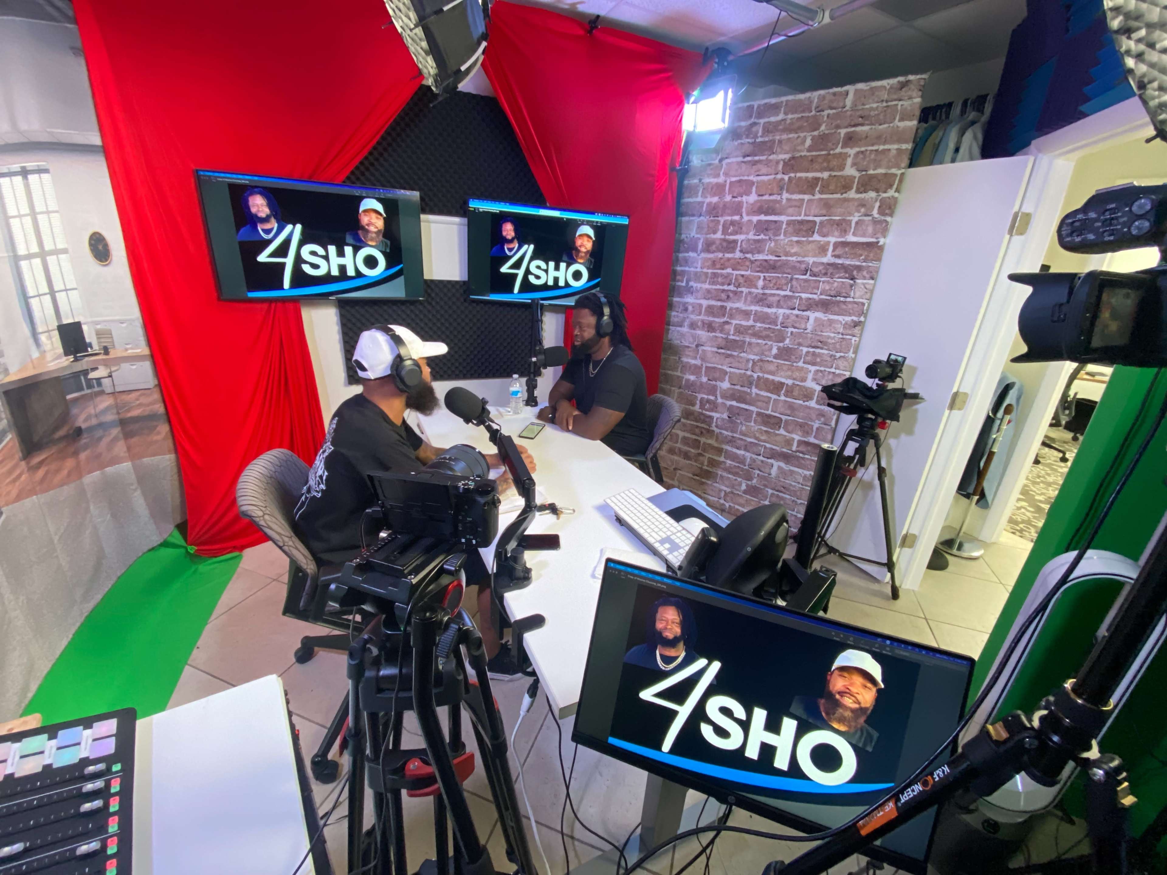 Two people are seated at a desk in a studio with multiple screens displaying the logo "4SHO" and cameras positioned around them.
