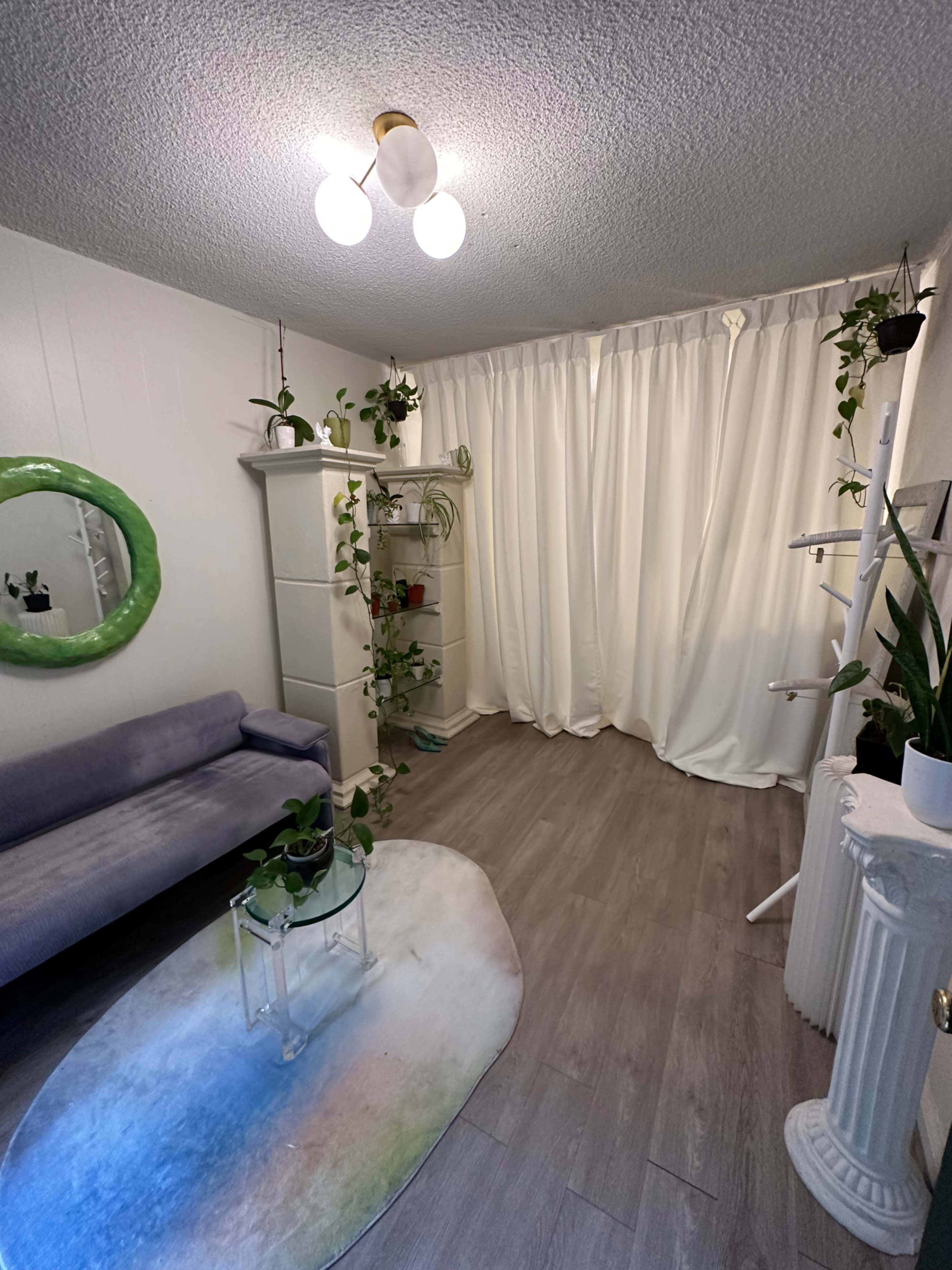 A small, well-lit room with a purple sofa, a round green mirror, a white wardrobe, several plants on shelves, and sheer curtains.