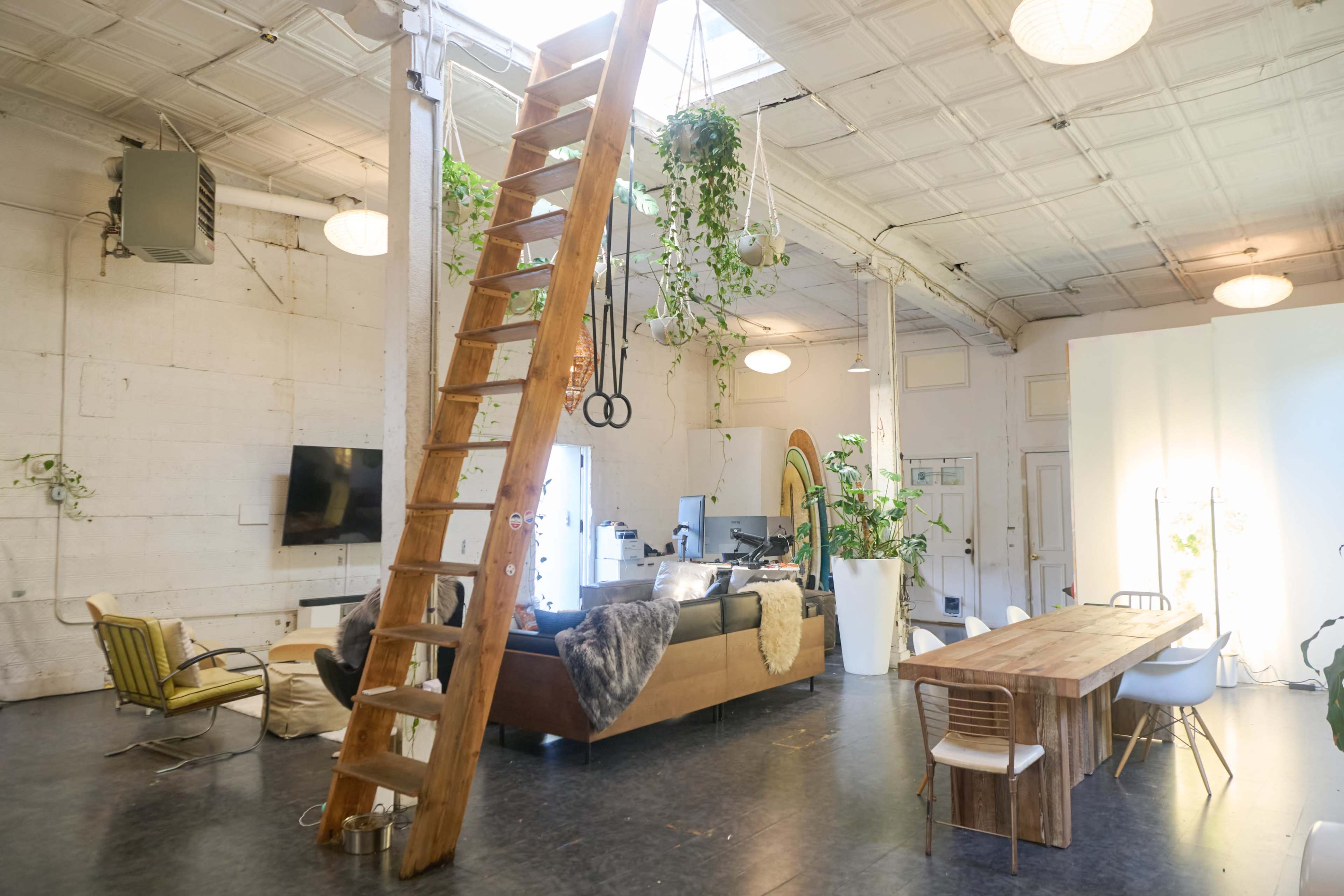 The image shows an open living space with a wooden ladder leading to a loft area, along with a sofa, dining table, and indoor plants.