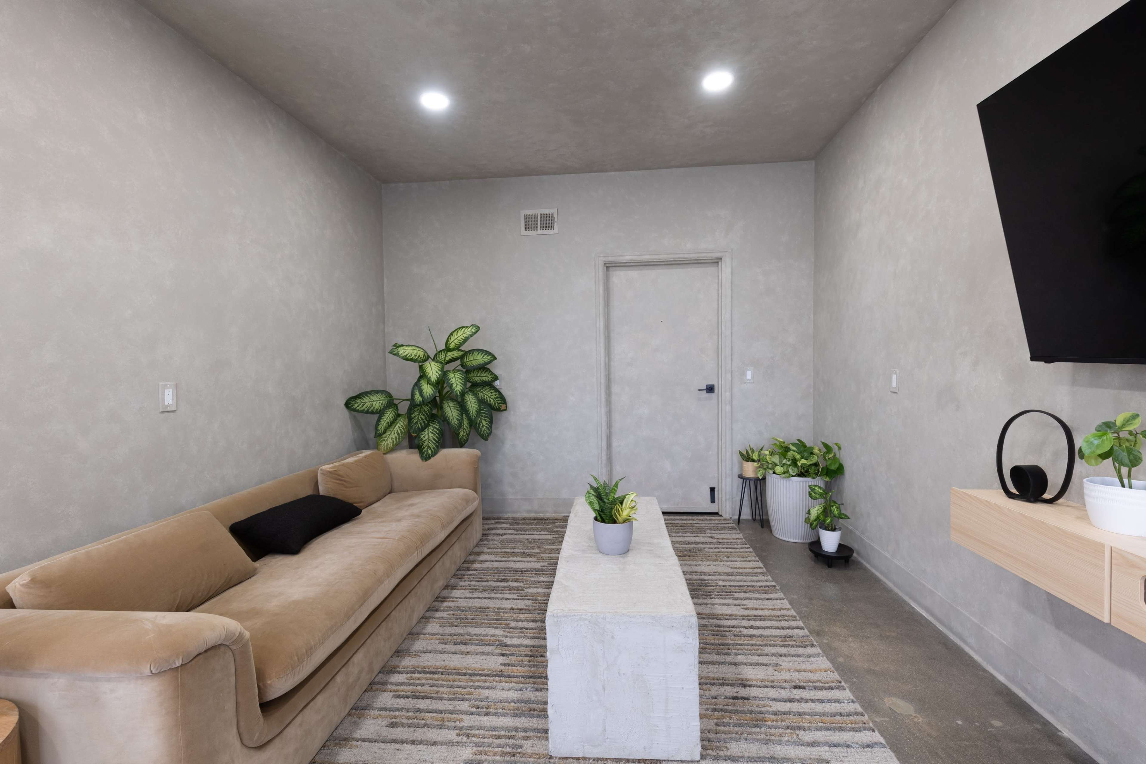 The image shows a minimalist living room with a beige couch, a concrete coffee table, potted plants, and a wall-mounted television.