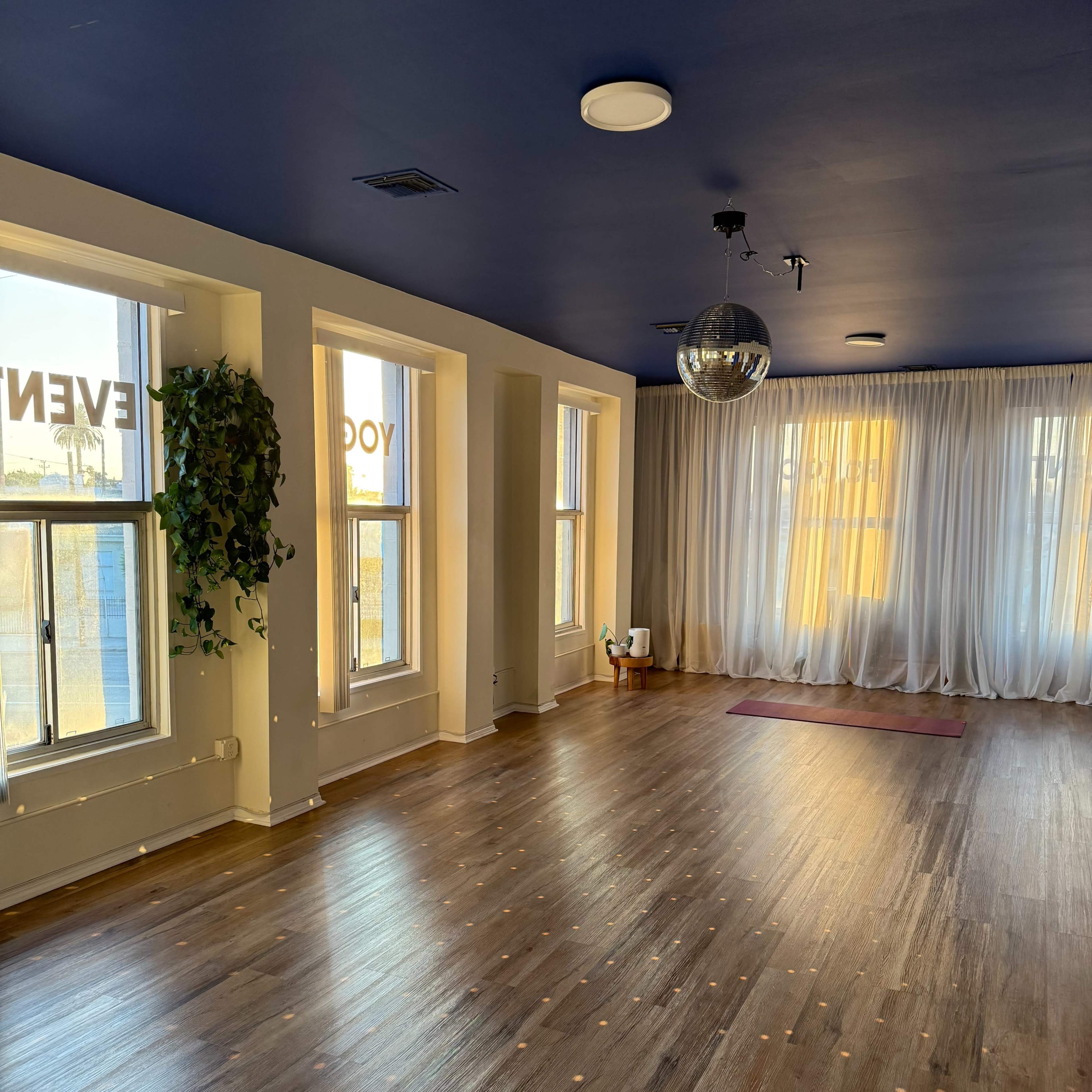 The image shows an empty, well-lit room with large windows, a disco ball ceiling fixture, and hardwood flooring.