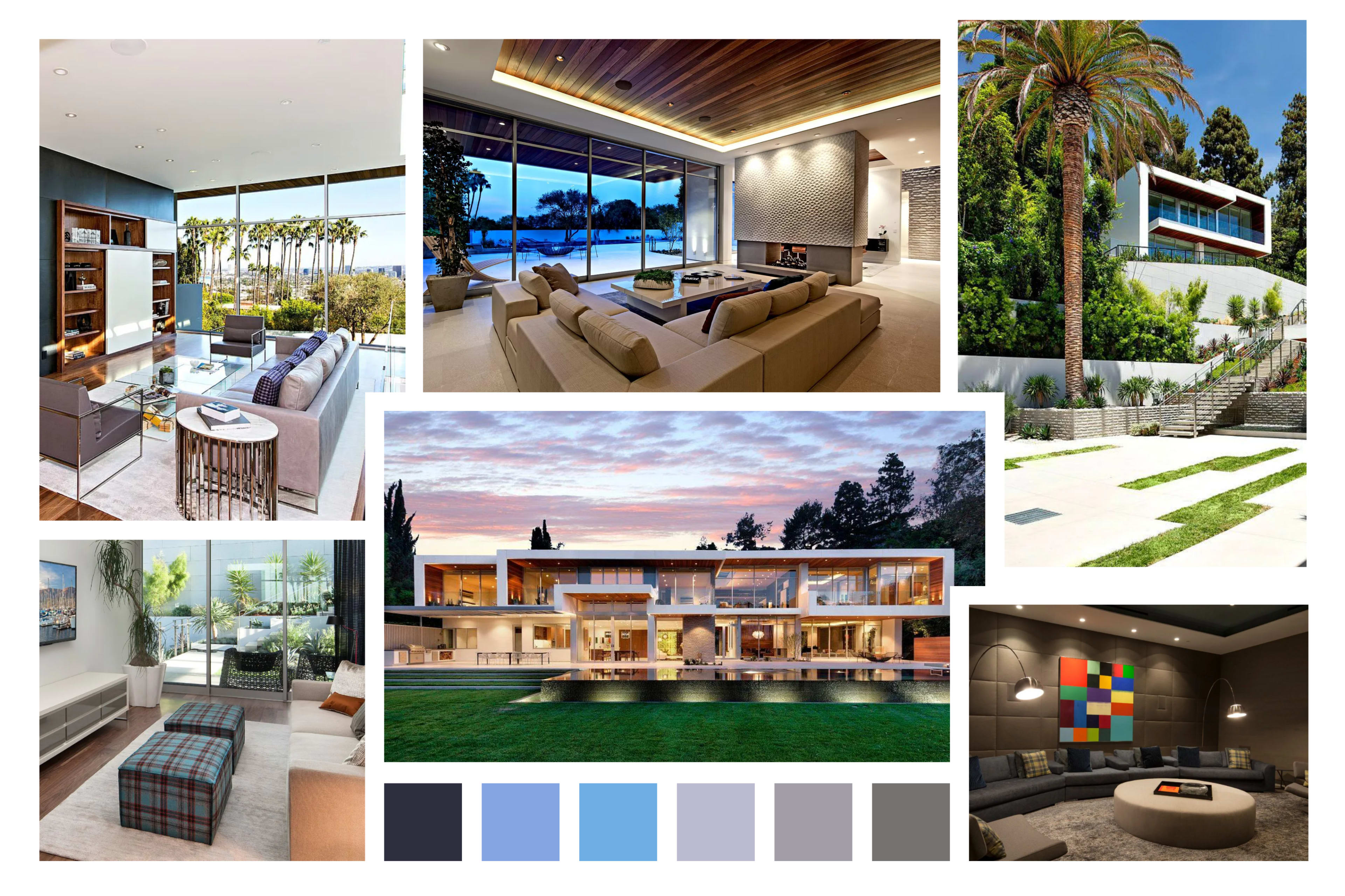 The collage features various modern interior and exterior designs of luxury homes, showcasing spacious living areas, large windows, and landscaped gardens.