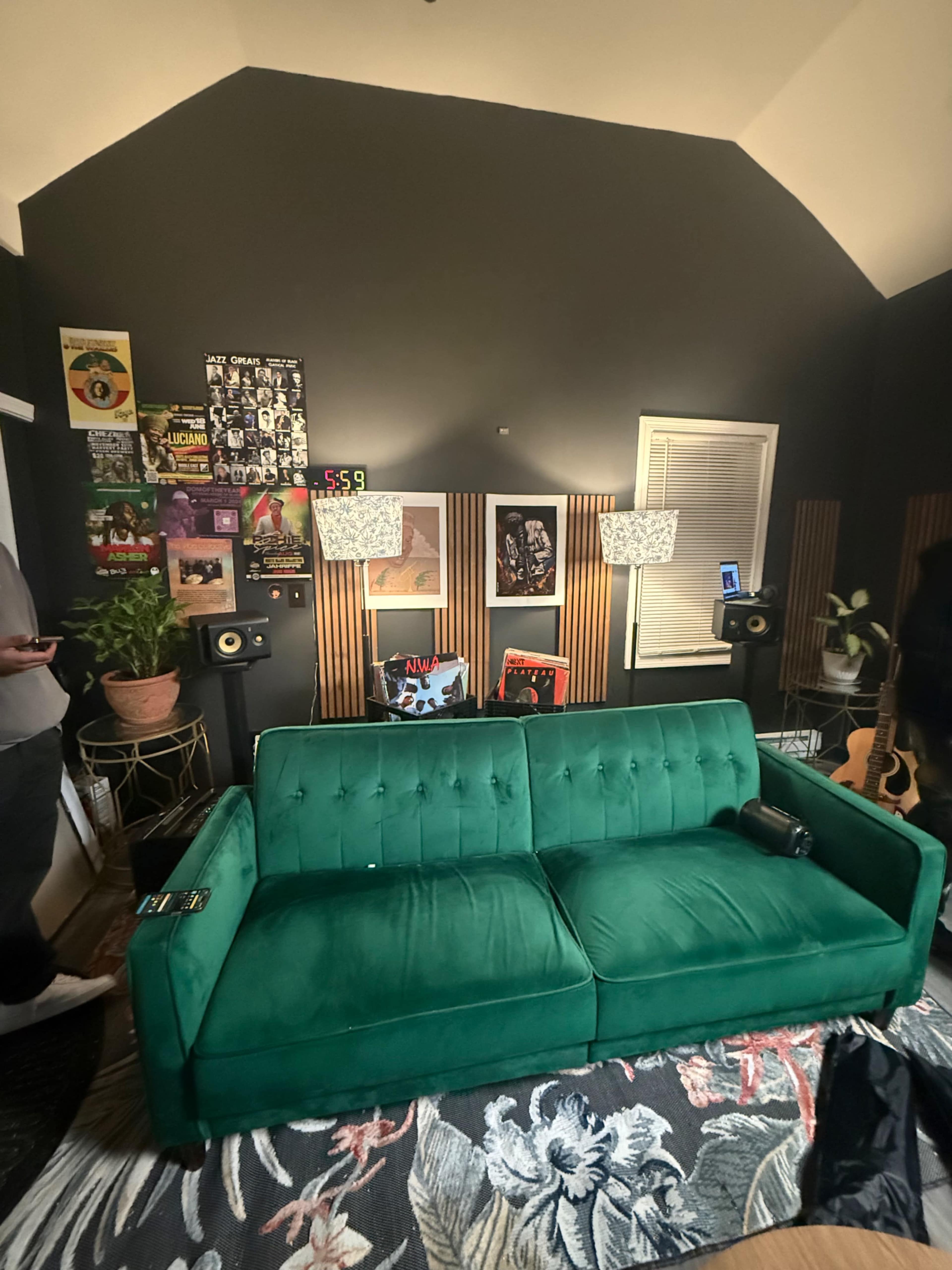 The image shows a green couch facing a wall adorned with framed posters, flanked by lamps and accompanied by potted plants and speakers.