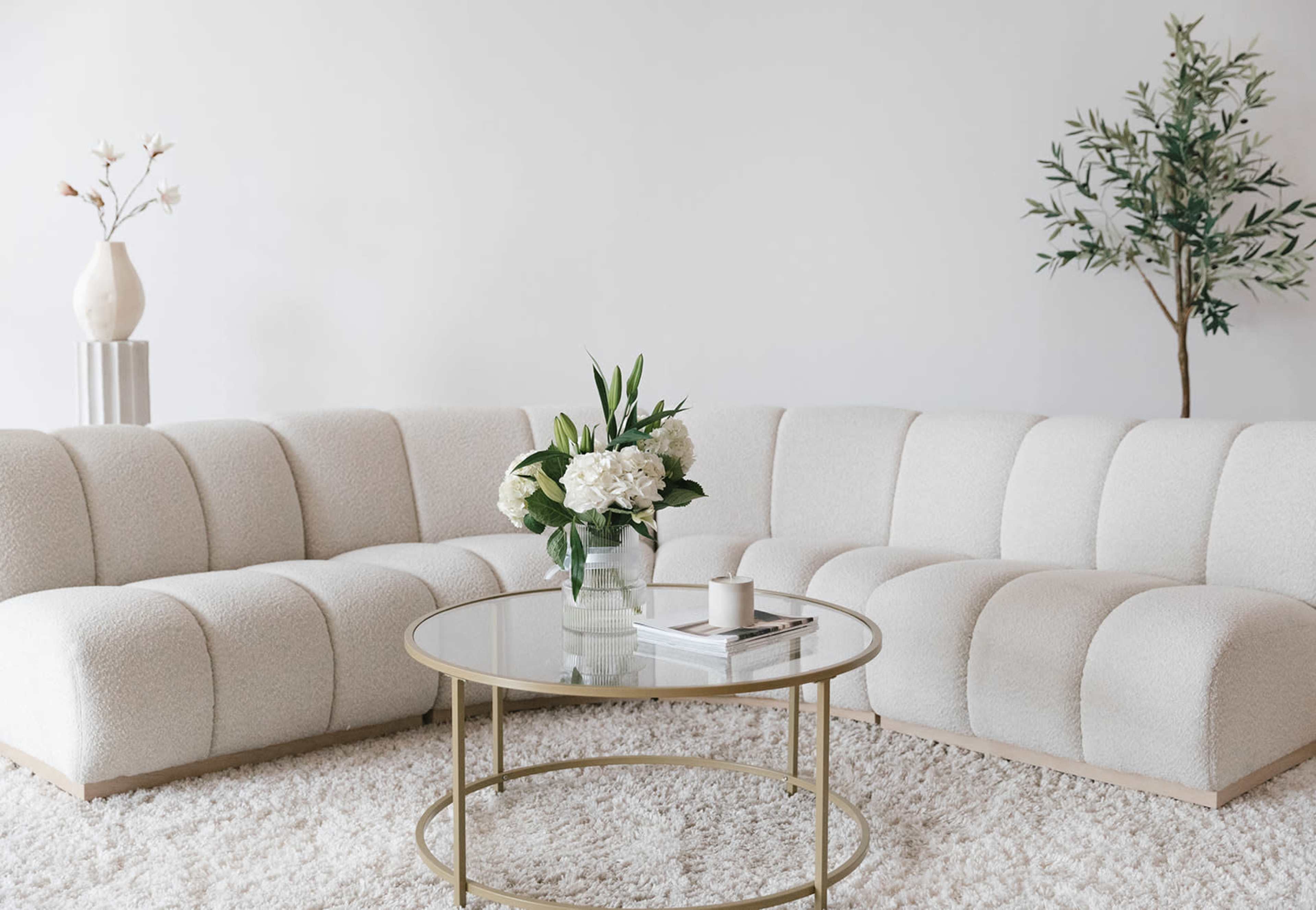A modern living room with a plush white sofa, a glass coffee table, and decorative plants arranged around a neutral-colored rug.