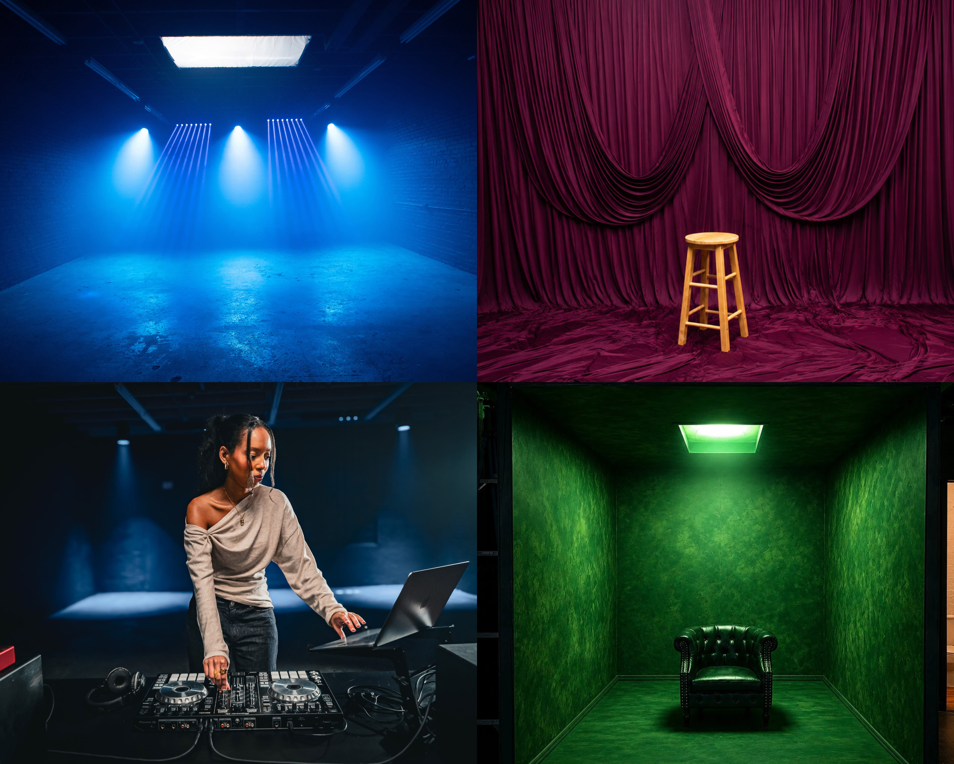 The image features four distinct scenes: the top left shows a dimly lit stage with blue lighting, the top right displays a rich burgundy draped backdrop with a wooden stool, the bottom left features a woman mixing music at a laptop, and the bottom right displays a green room with a single illuminated