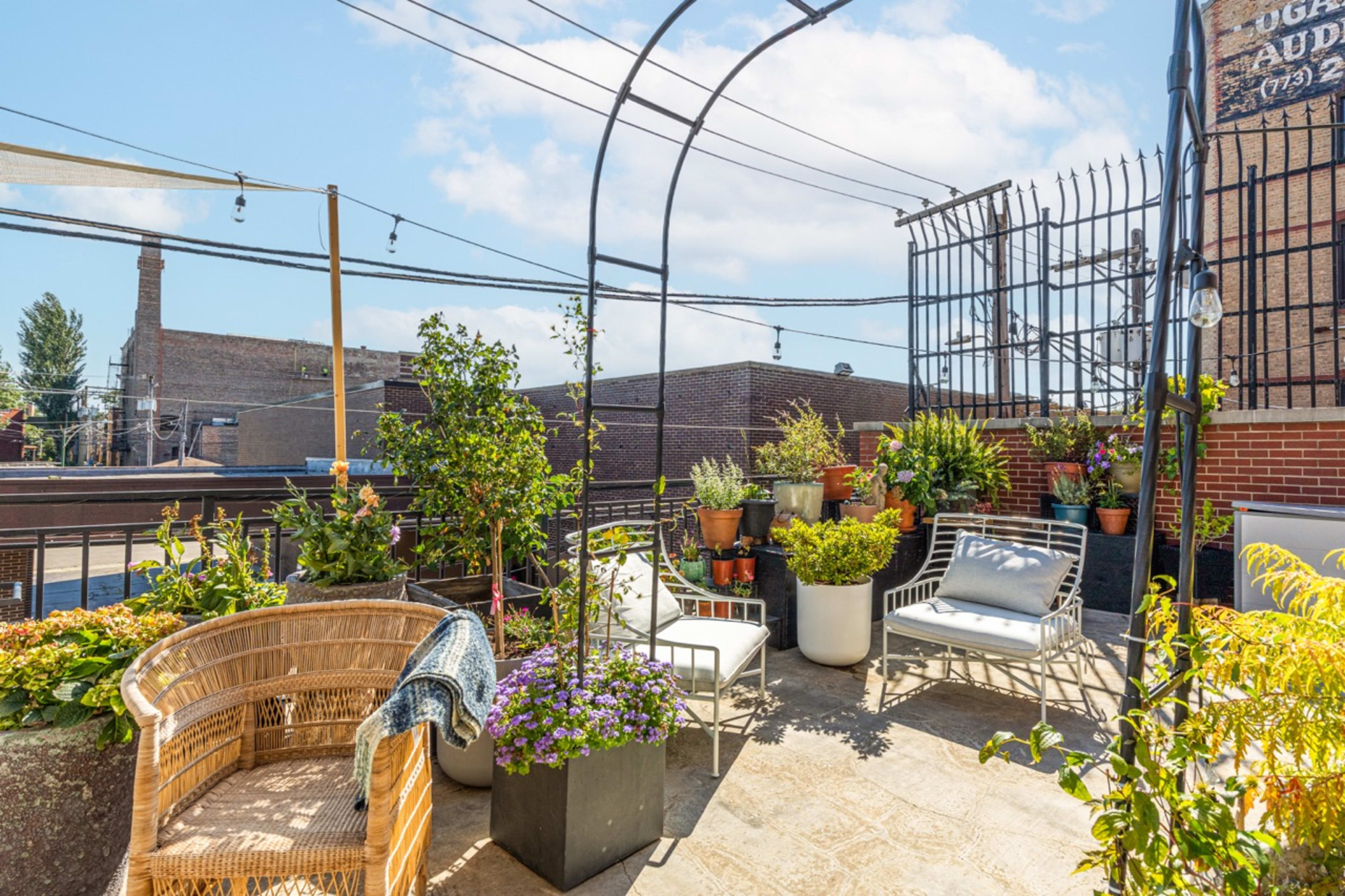 A rooftop terrace features potted plants, outdoor seating, and a trellis under a clear blue sky.