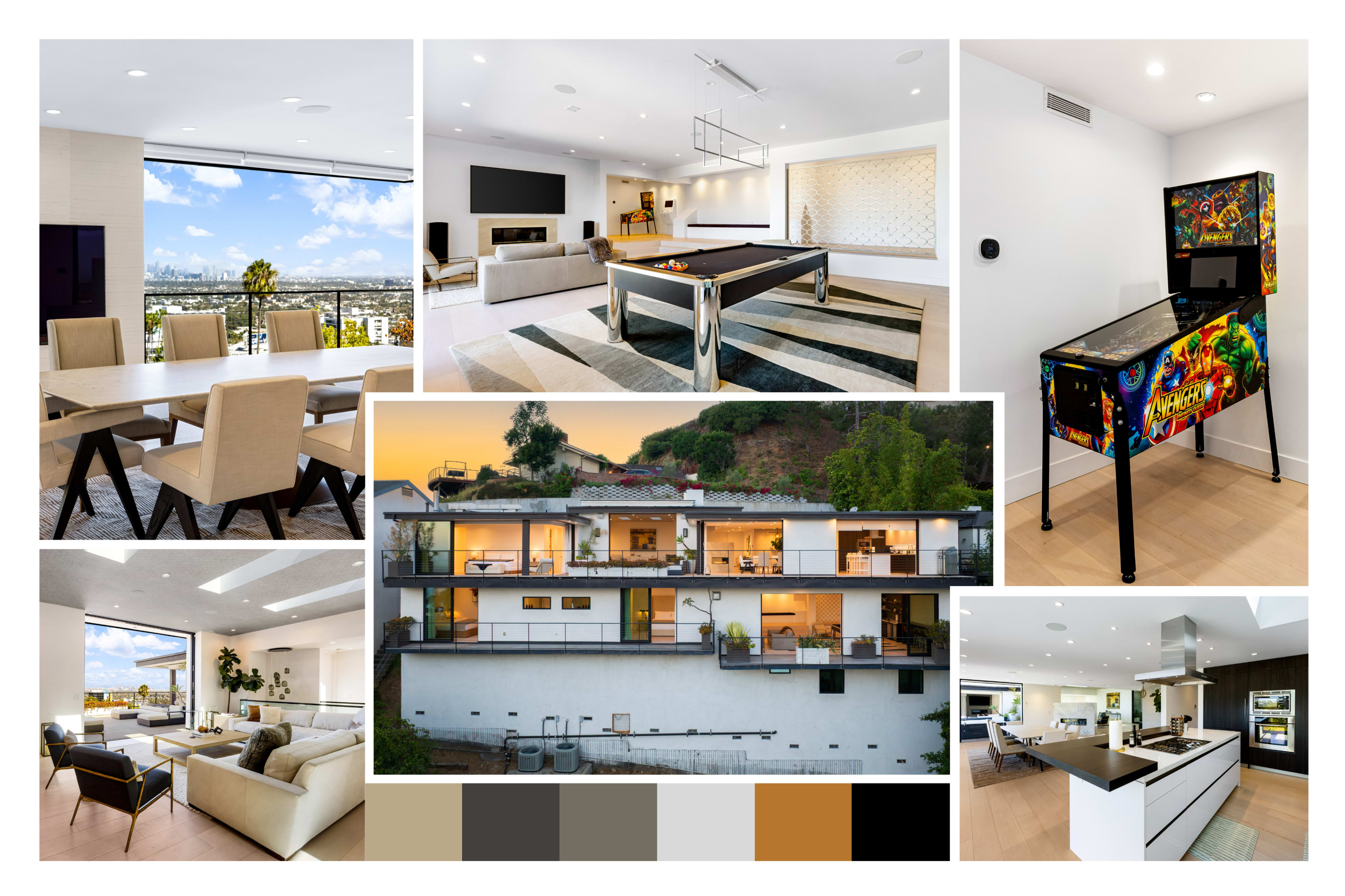 The image displays a collage of modern interior and exterior home designs, featuring a dining area, living room, game room with a pool table, a pinball machine, and an outdoor view of a multi-level home.