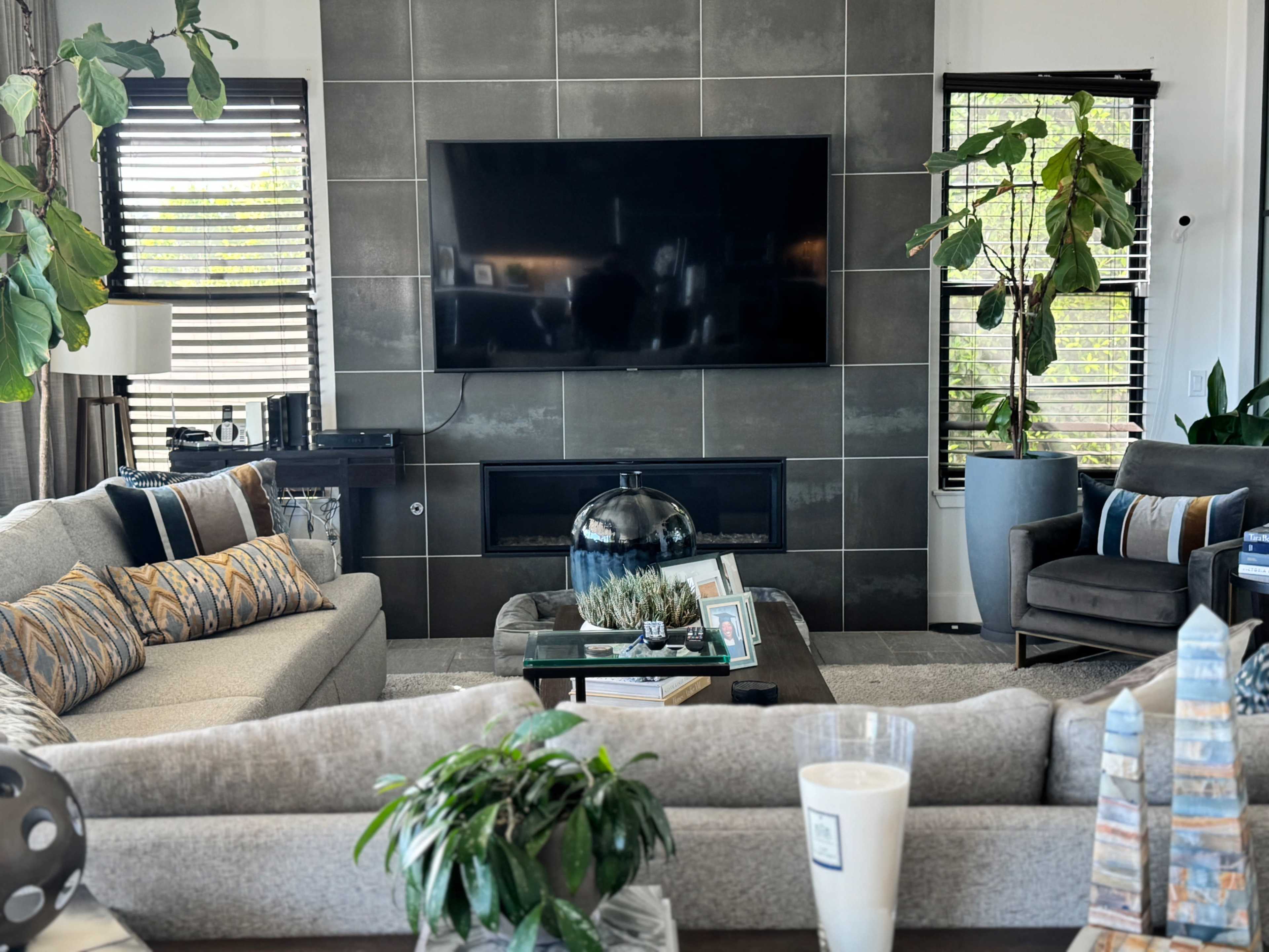 The image shows a modern living room featuring a large flat-screen TV mounted on a dark tiled wall, with a gray sectional sofa and decorative plants.