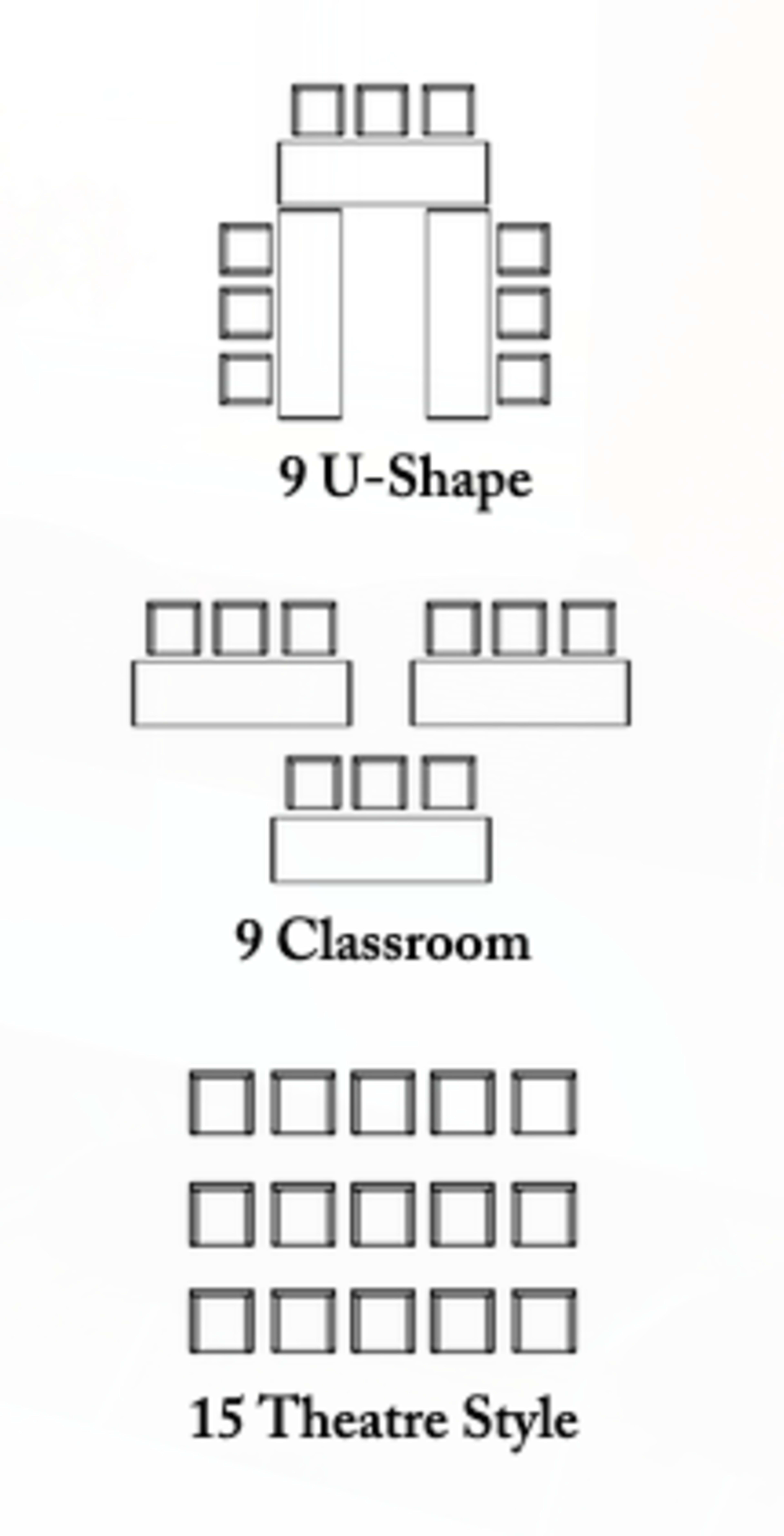 The image displays three seating arrangements: a U-shape for nine, a classroom style for nine, and a theatre style for fifteen.