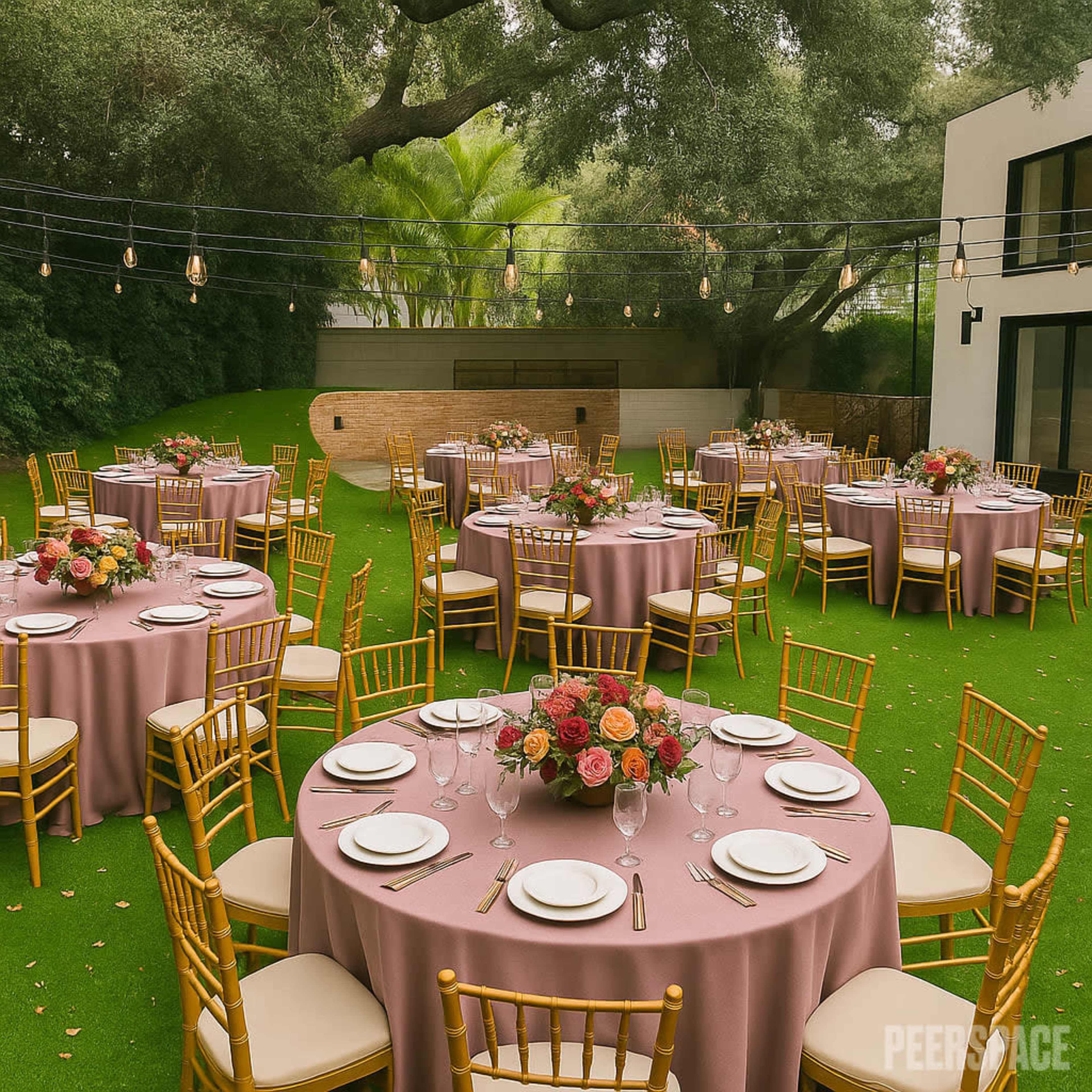The image shows a beautifully arranged outdoor dining area with several round tables set with pink tablecloths and floral centerpieces on a green lawn.