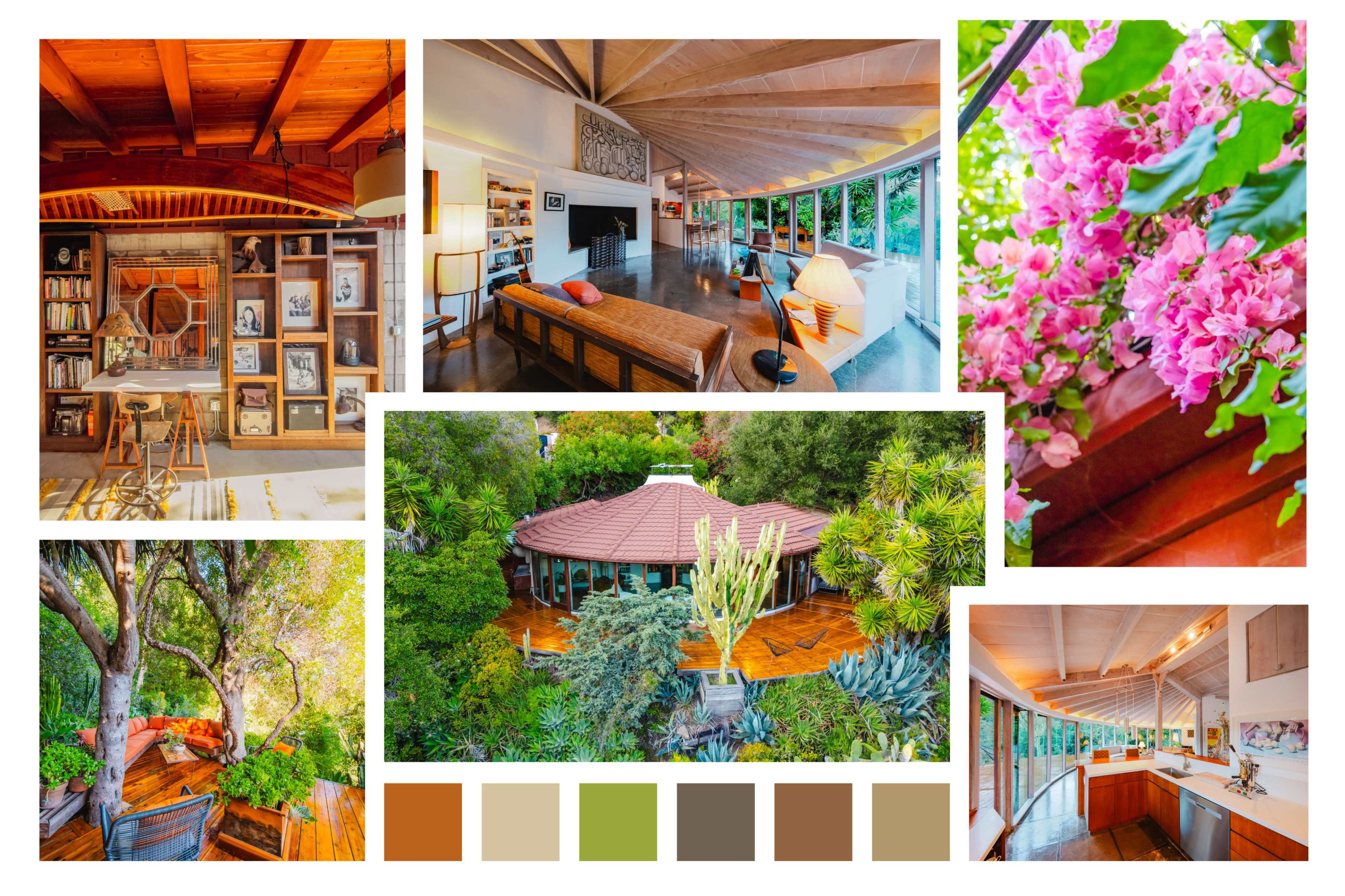 The image features a collage of a modern home interior, including a living space with wooden beams, a library area, a vibrant garden view, and various plants and flowers.