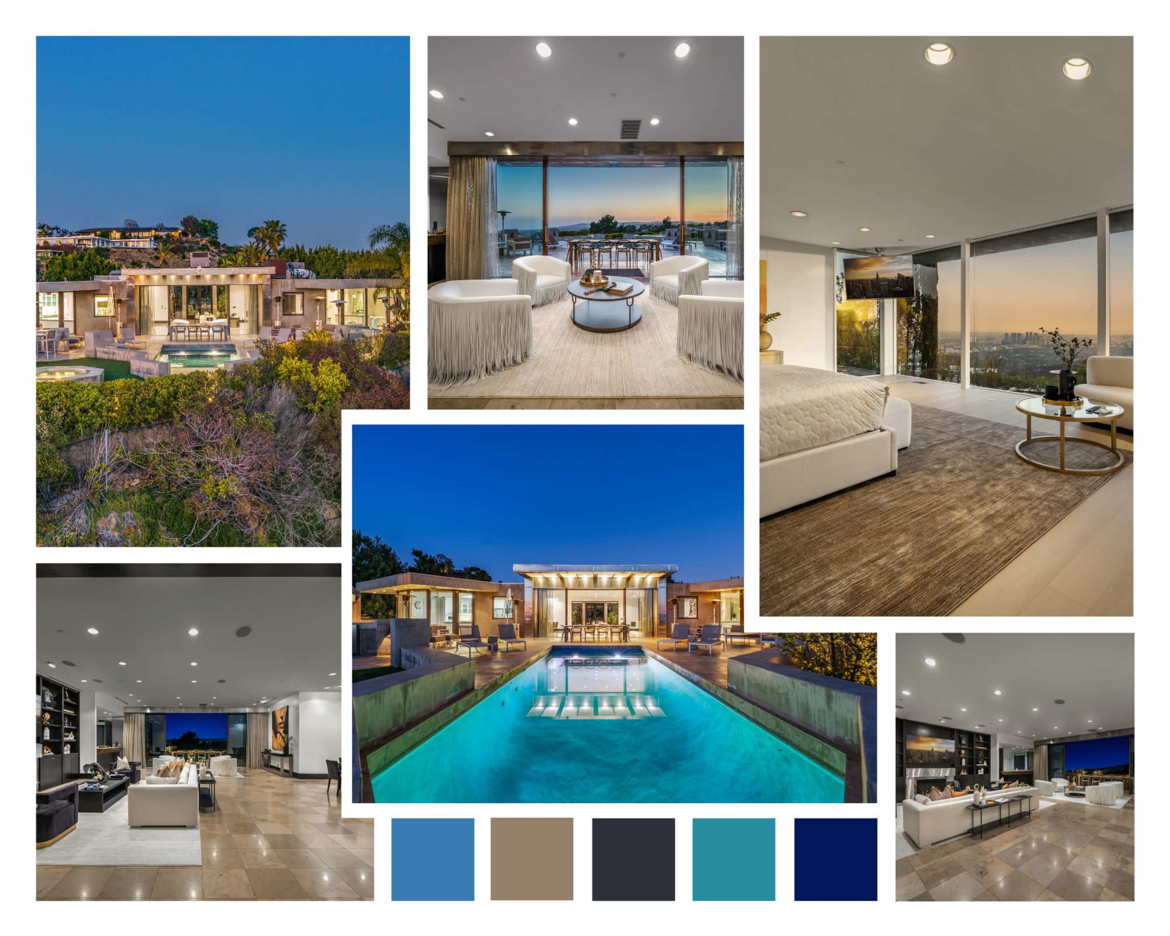 A luxurious modern mansion with an expansive pool, elegant interior spaces, and panoramic views of the surrounding landscape.