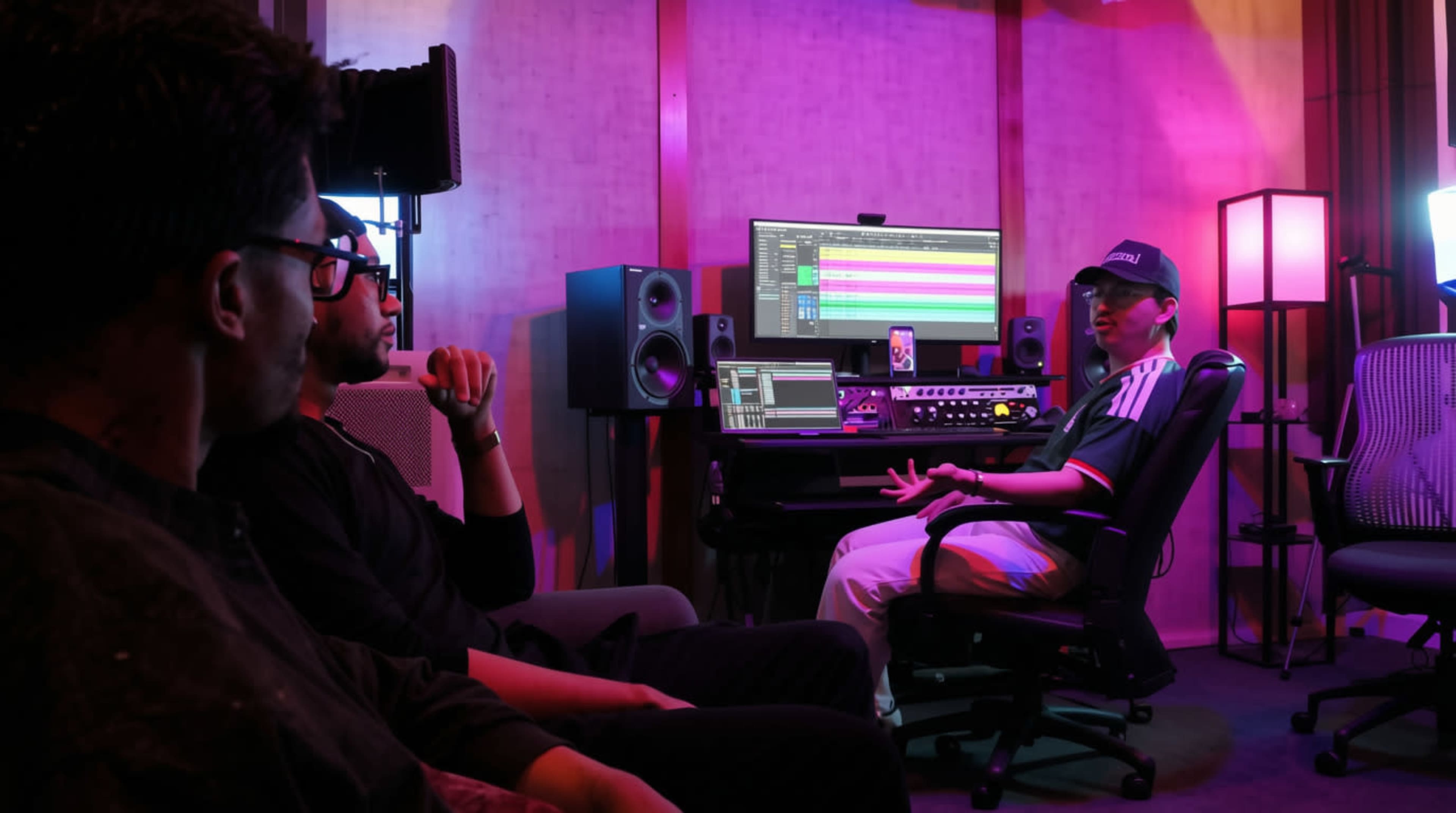 Three people are seated in an audio recording studio while a fourth person discusses a project in front of a computer with music software displayed.