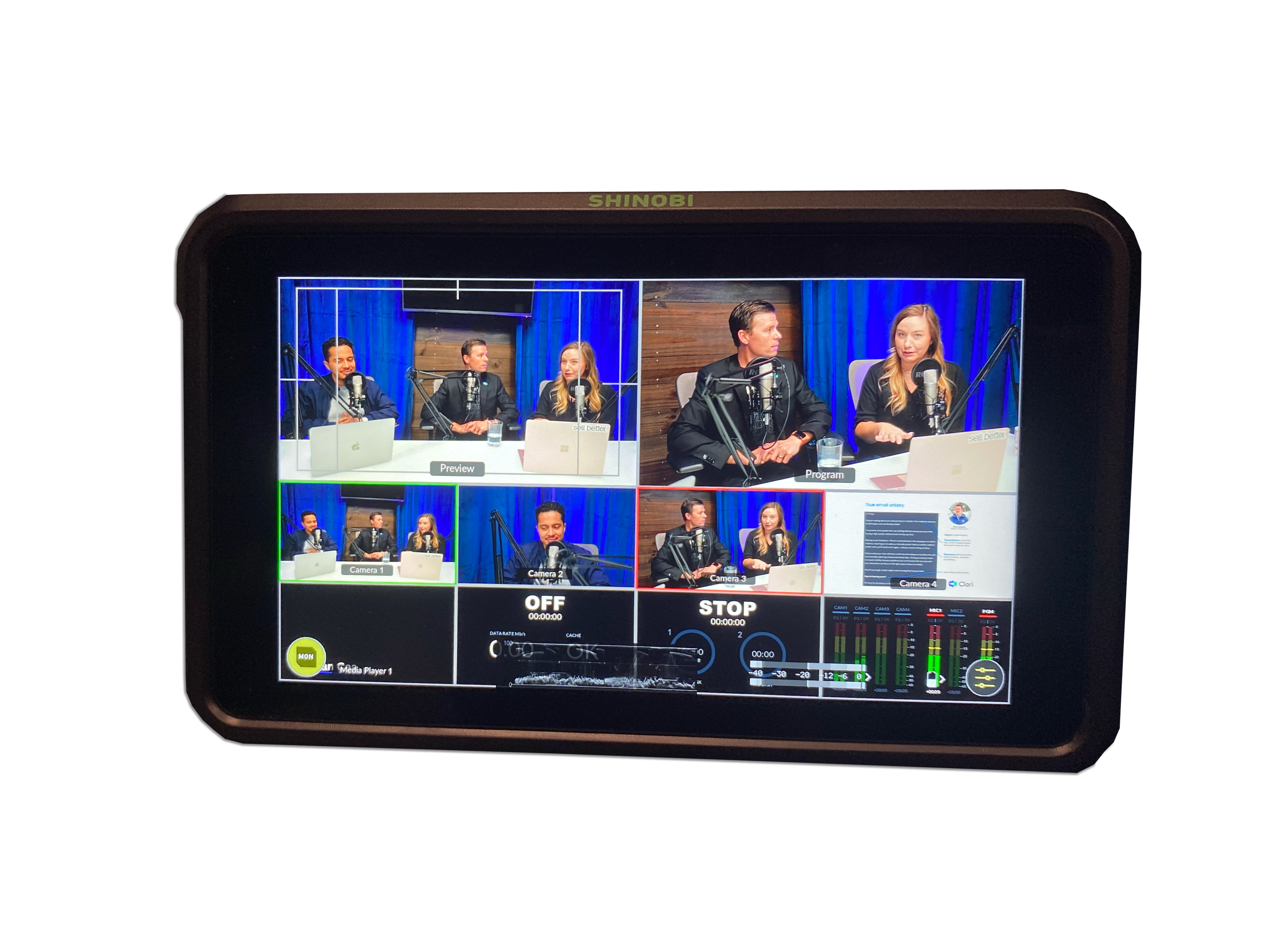 A digital display shows a multi-camera setup capturing a podcast recording with three hosts and various video feeds on the screen.