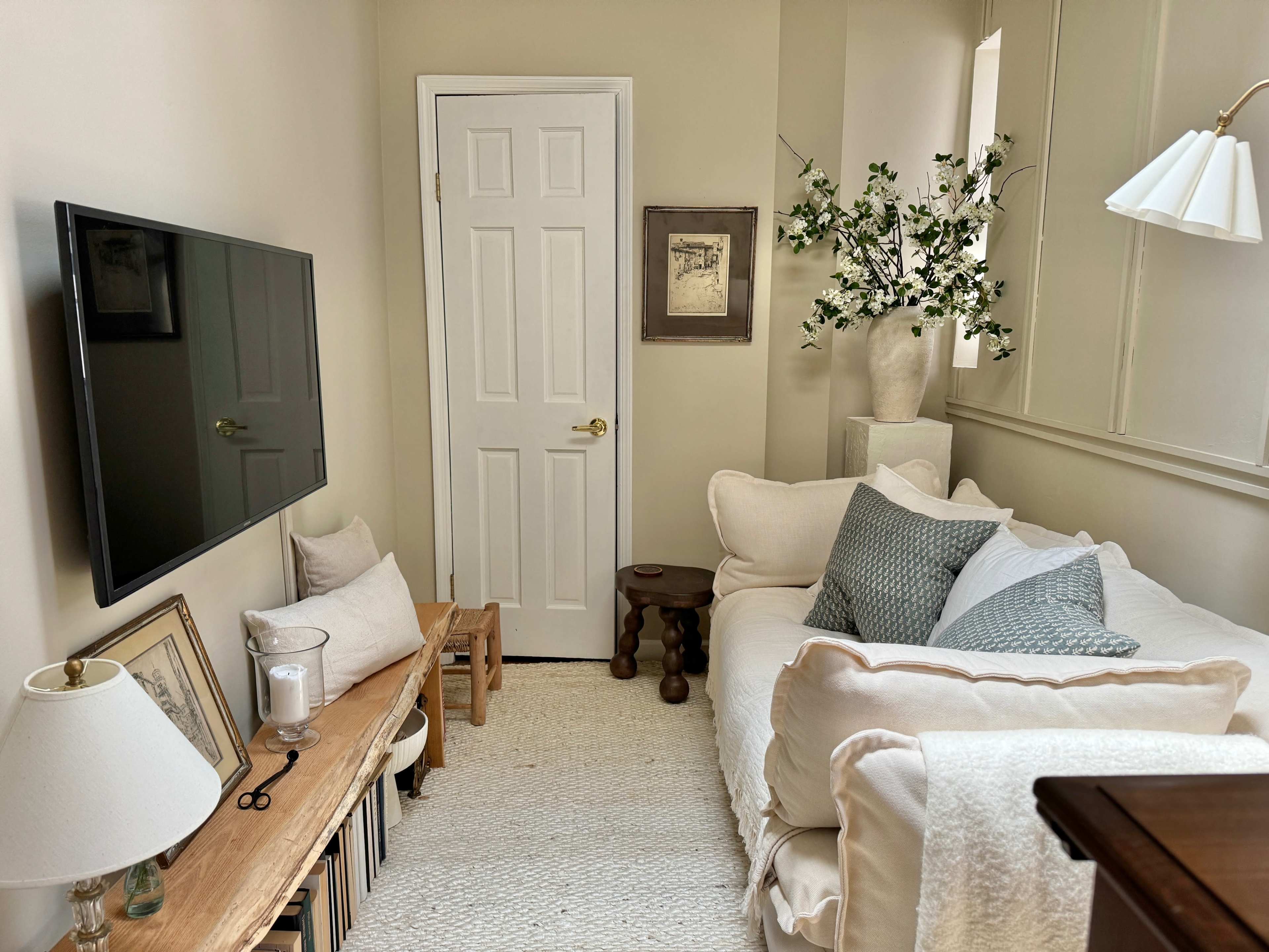 A cozy living room features a white sofa with gray pillows, a mounted TV on the wall, a wooden side table, and decorative plants in a vase.