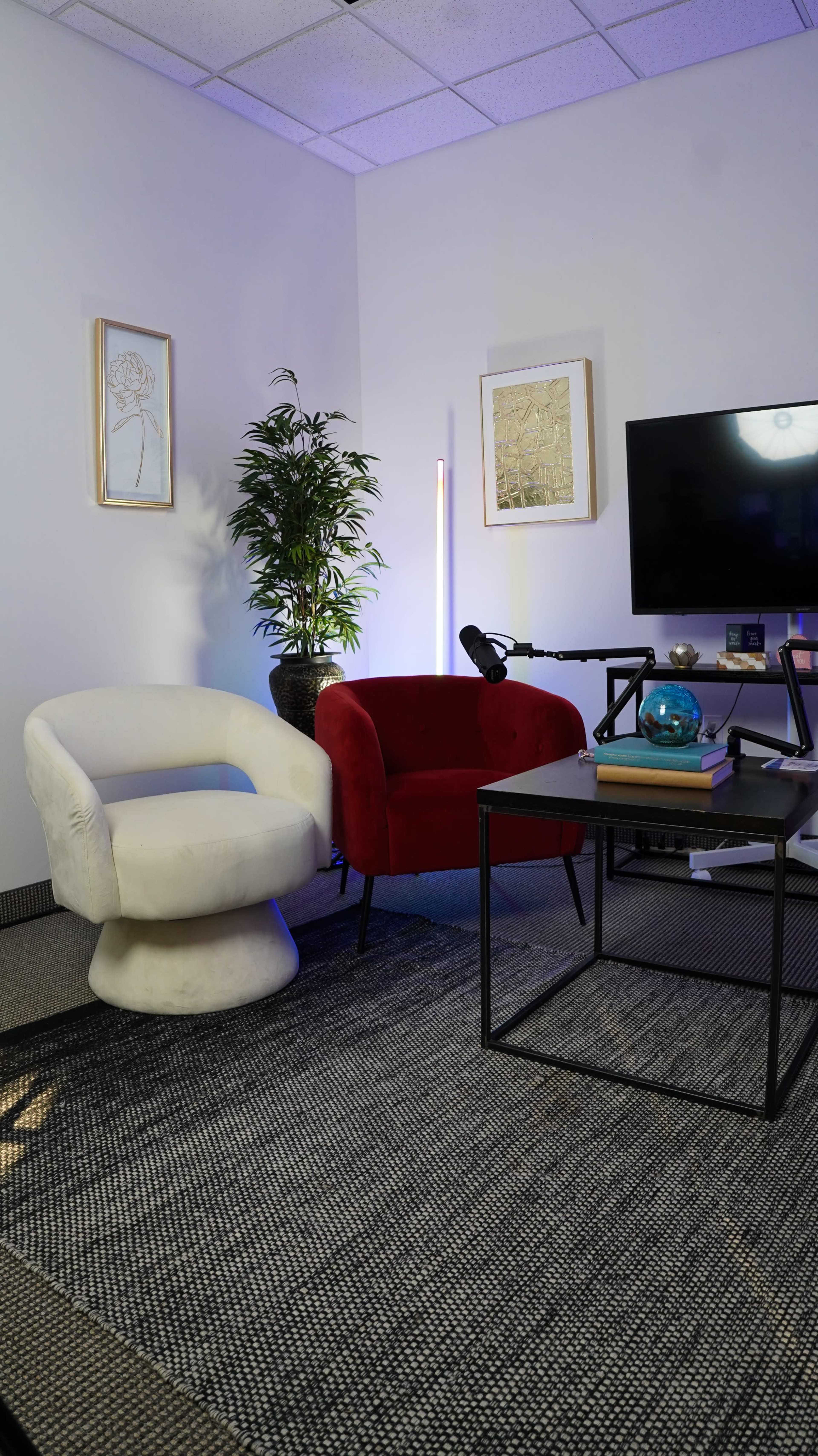 The image shows a cozy room with two chairs, a table, a television, and a decorative plant.