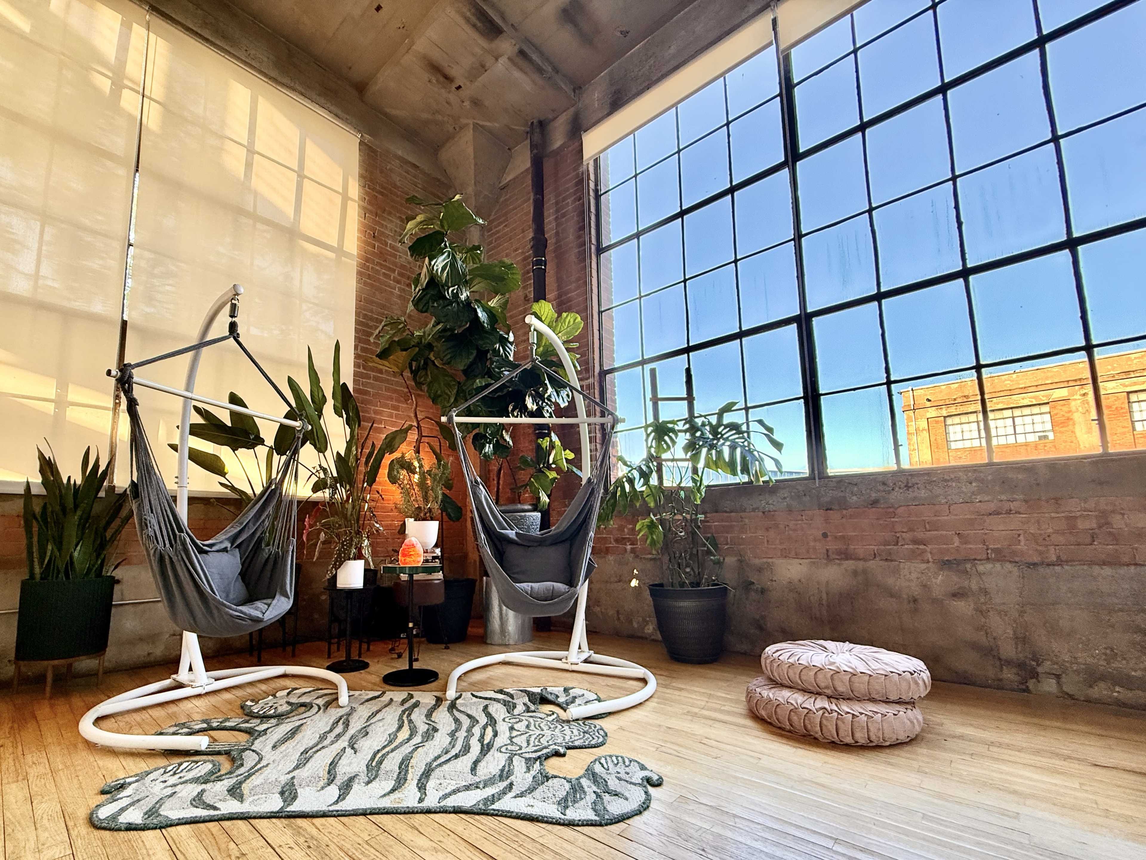 The image shows a modern interior with two hanging chairs, a large window allowing natural light, potted plants, and a tiger-patterned rug on the wooden floor.