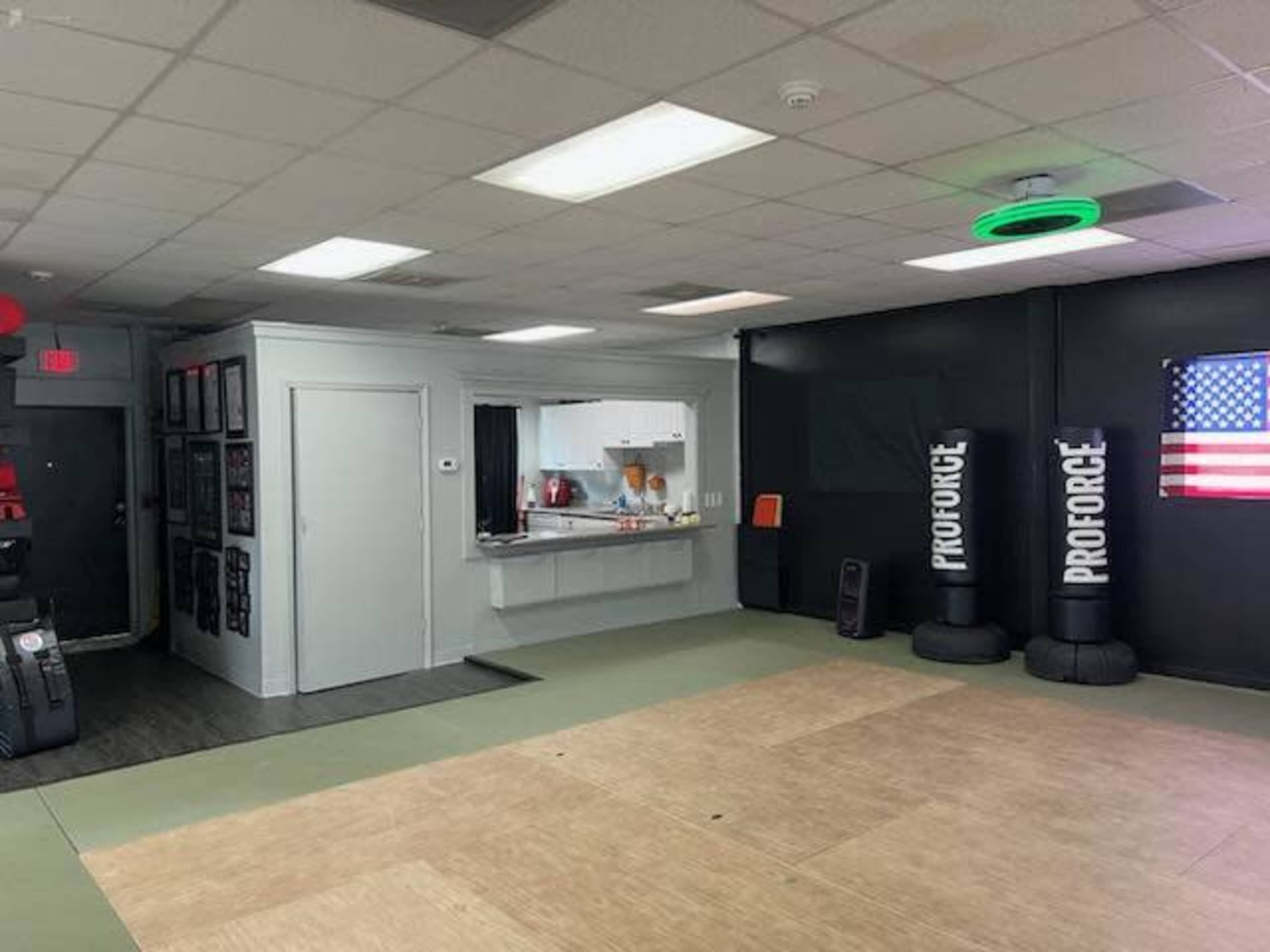 An indoor training space featuring a partially visible kitchen area, wall-mounted American flag, and two black punching bags labeled "PROFORCE."