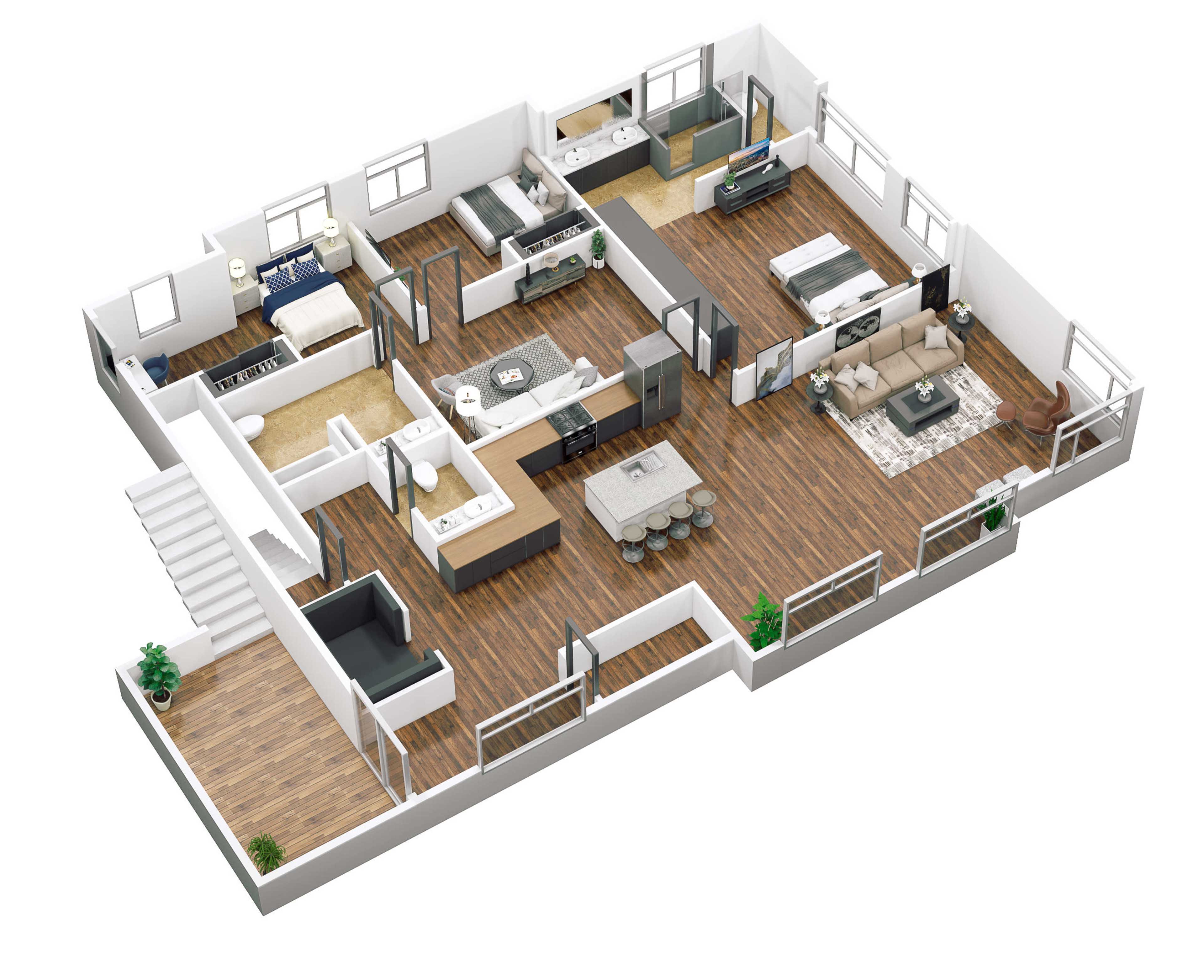 A three-dimensional floor plan of a modern house with multiple rooms, including a living area, kitchen, bedrooms, and bathrooms.