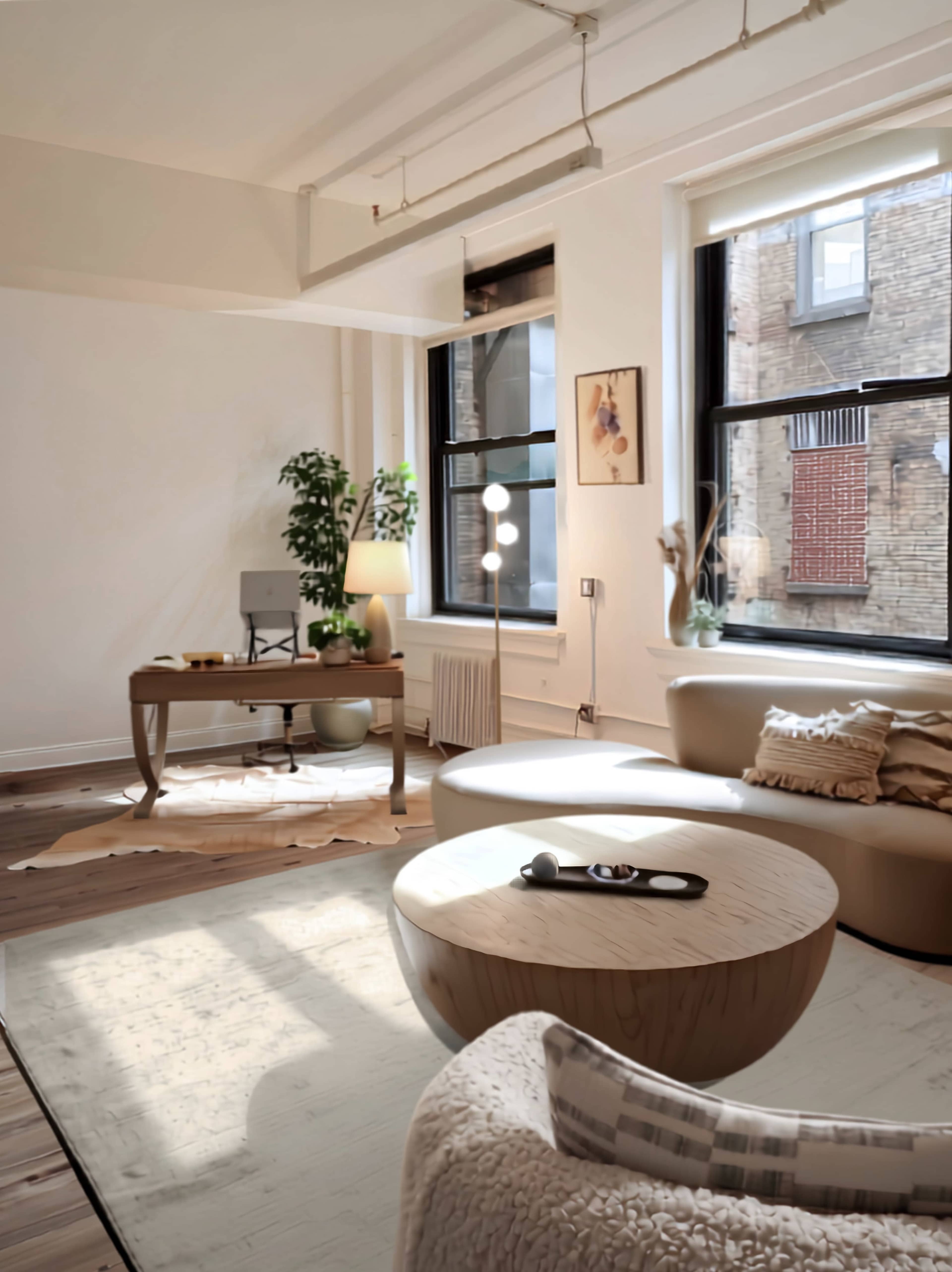The image shows a modern living space with a light-filled room featuring a beige sofa, a round wooden coffee table, a desk, and large windows overlooking a brick building.