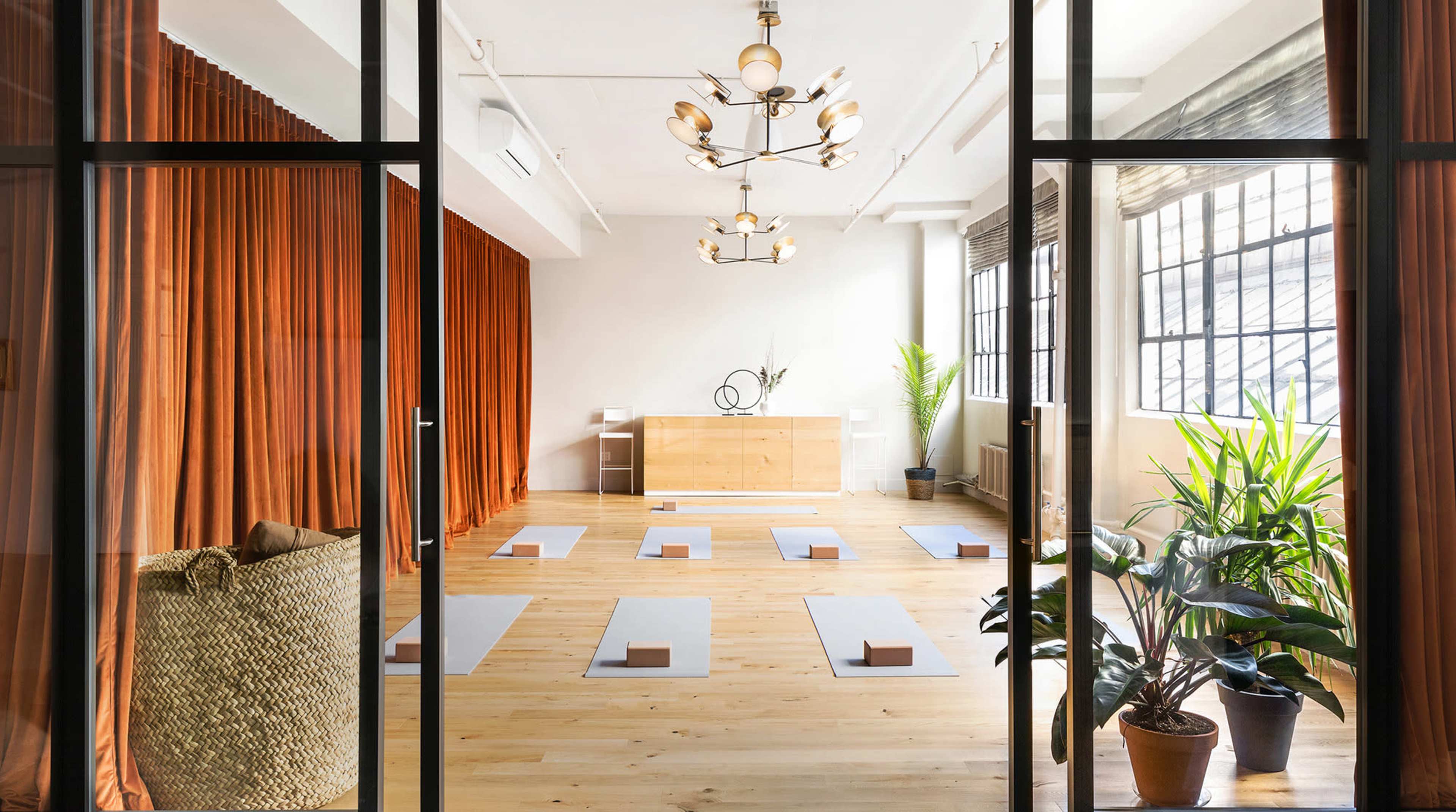 A bright yoga studio with wooden floors, yoga mats arranged neatly, large windows, and decorative plants.
