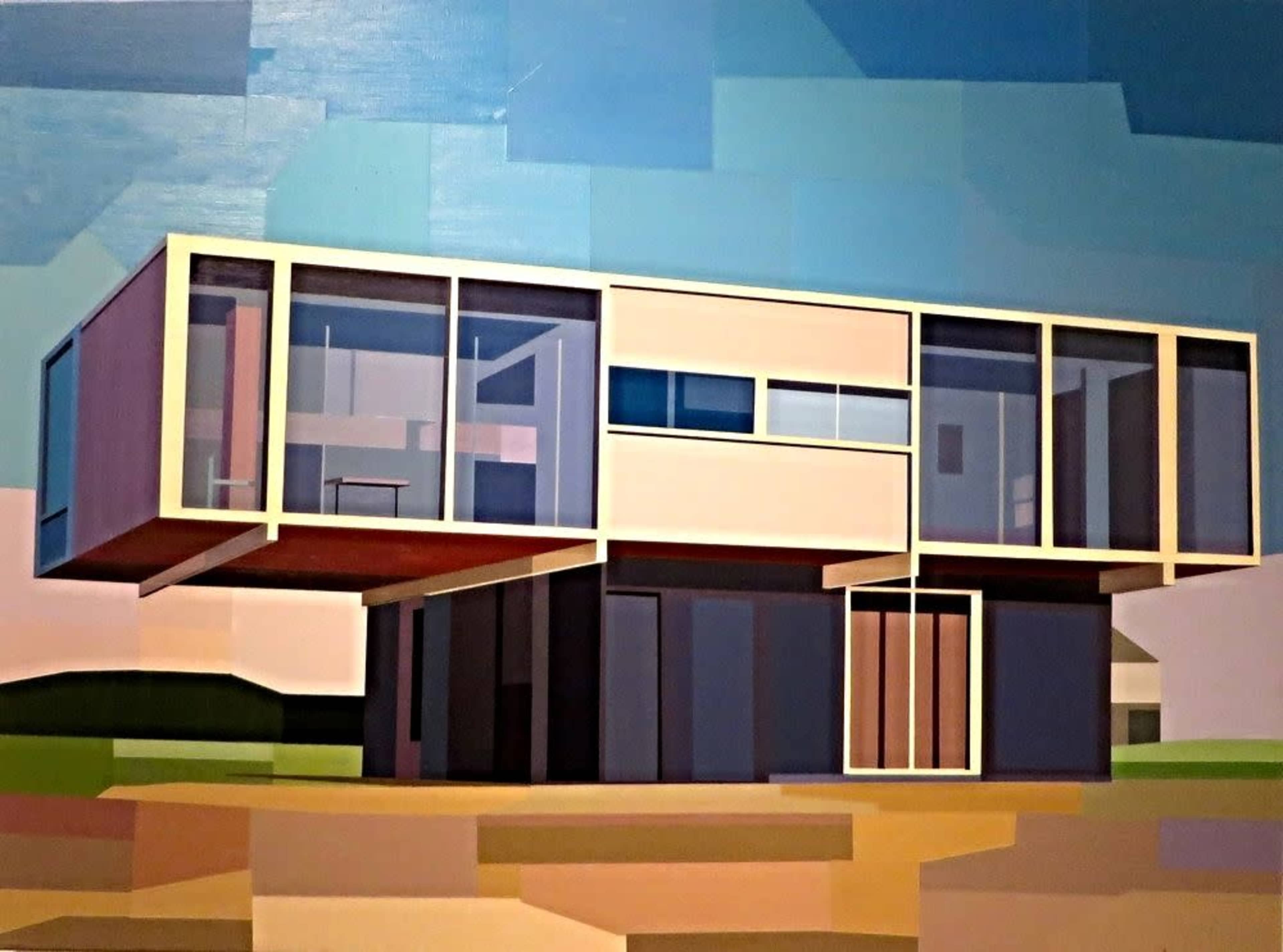A modern house characterized by a geometric design, featuring large glass windows and elevated above a grassy area.