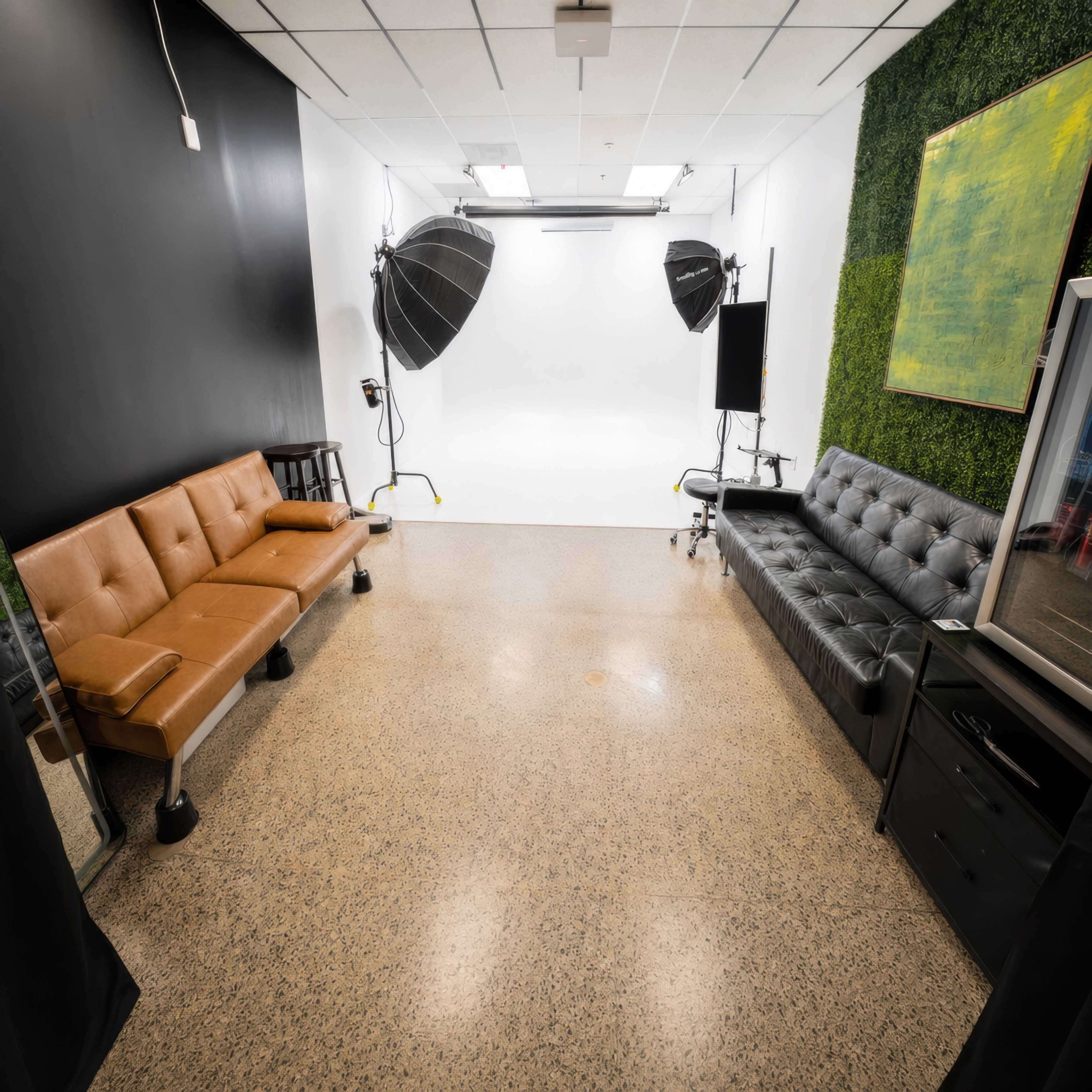 The image shows a photography studio with a spacious setup featuring a white backdrop, two large softbox lights, and a seating area with a brown couch and a black leather couch, alongside a green moss wall.