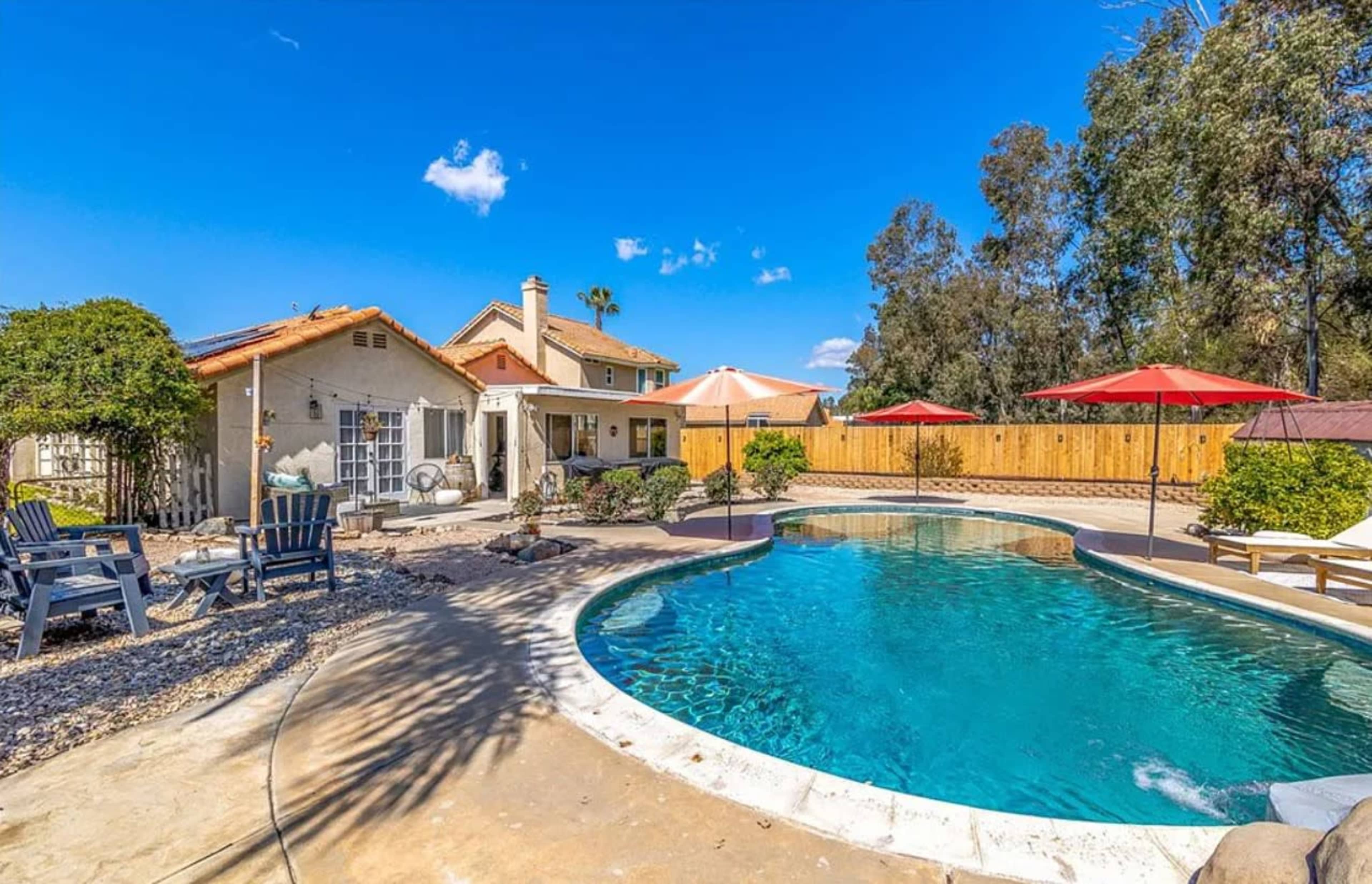 A residential backyard features a swimming pool surrounded by lounge chairs, patio umbrellas, and a house in the background set against a clear blue sky.