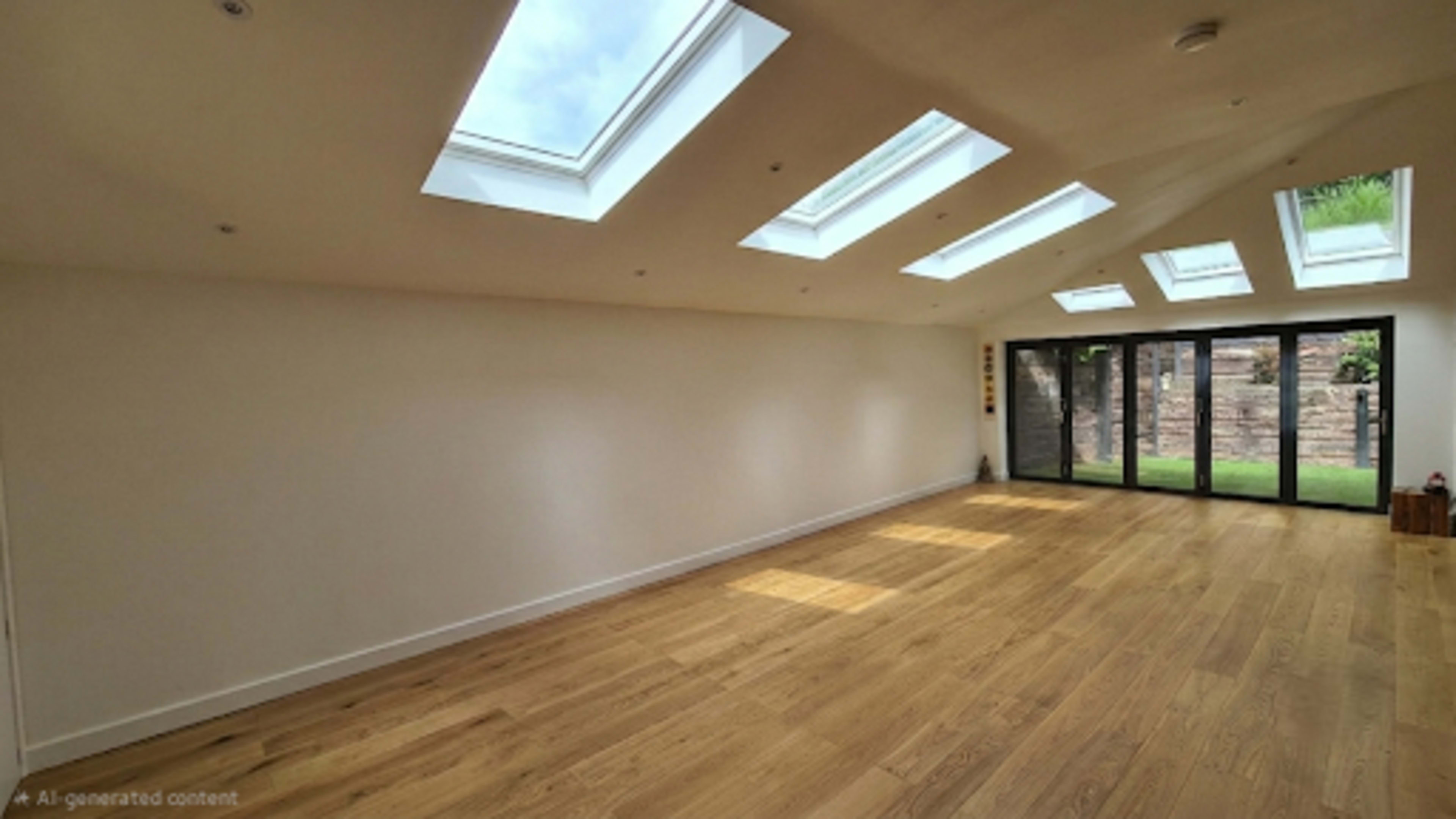 The image shows a spacious, empty room with wooden flooring and skylights allowing natural light to enter, alongside large glass doors that open to an outdoor area.