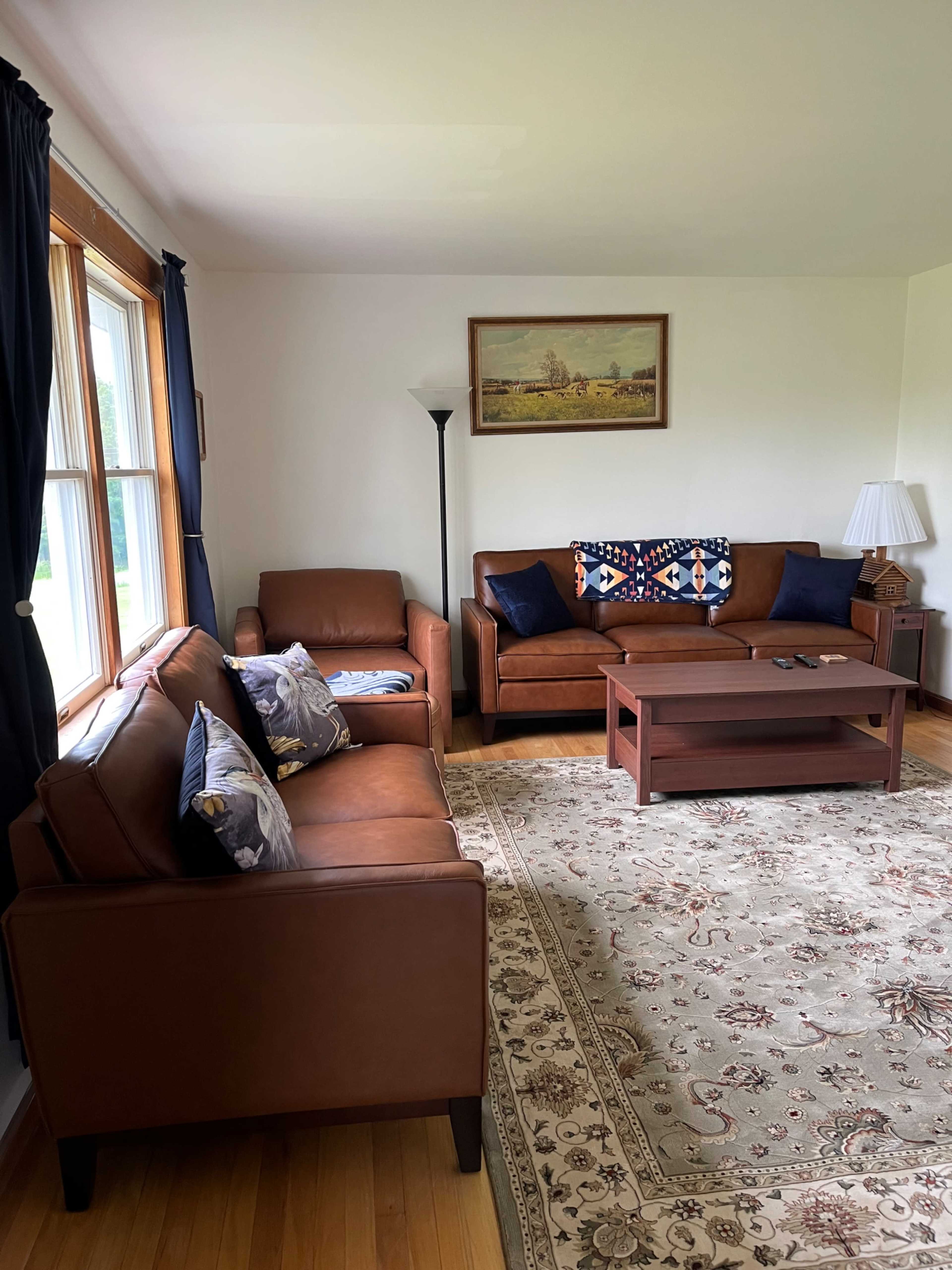 The image shows a living room with two brown sofas, a coffee table, and a lamp, set against a backdrop of windows and a framed painting.