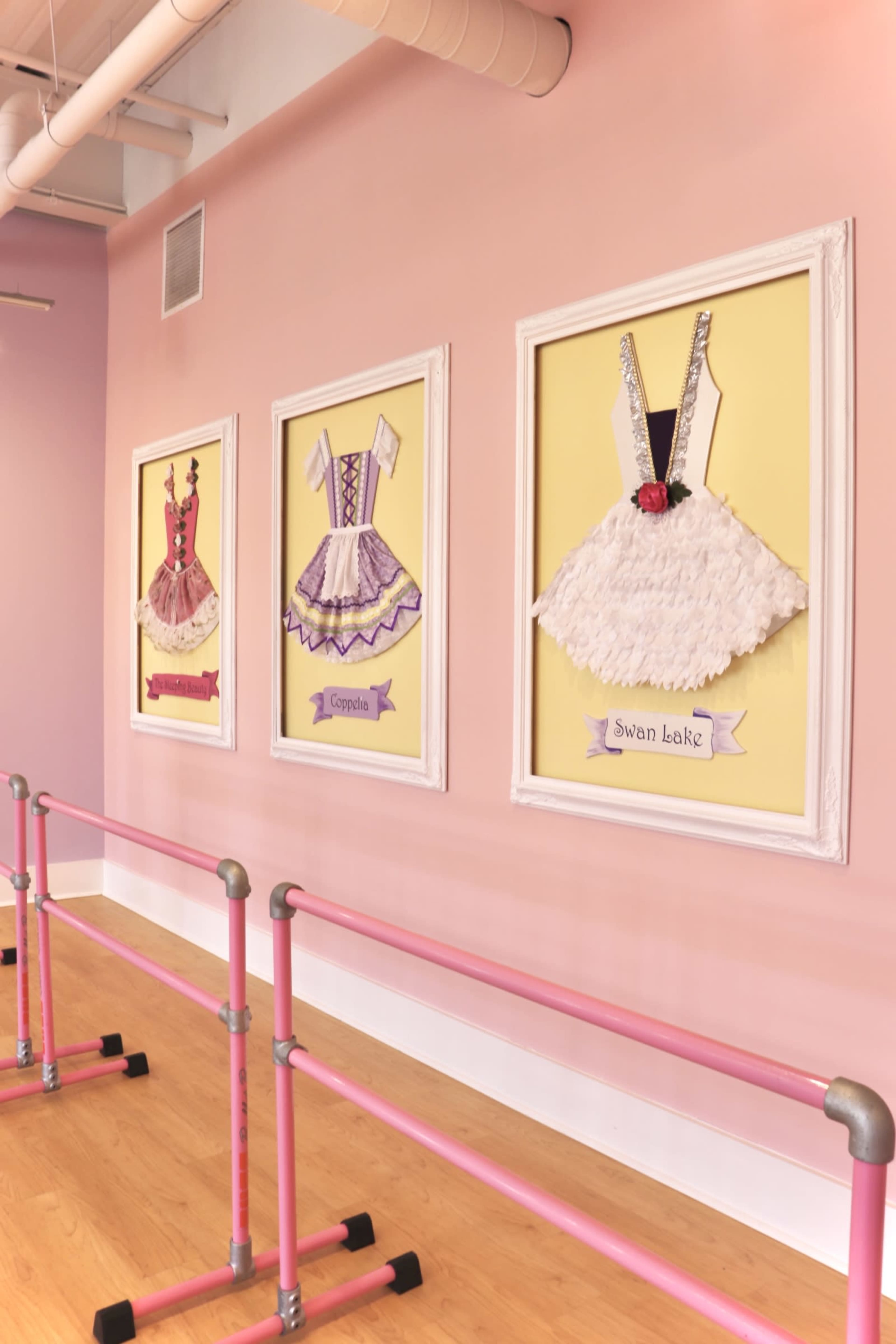The image shows three framed ballet costumes displayed on a pink wall, with a ballet barre in the foreground.